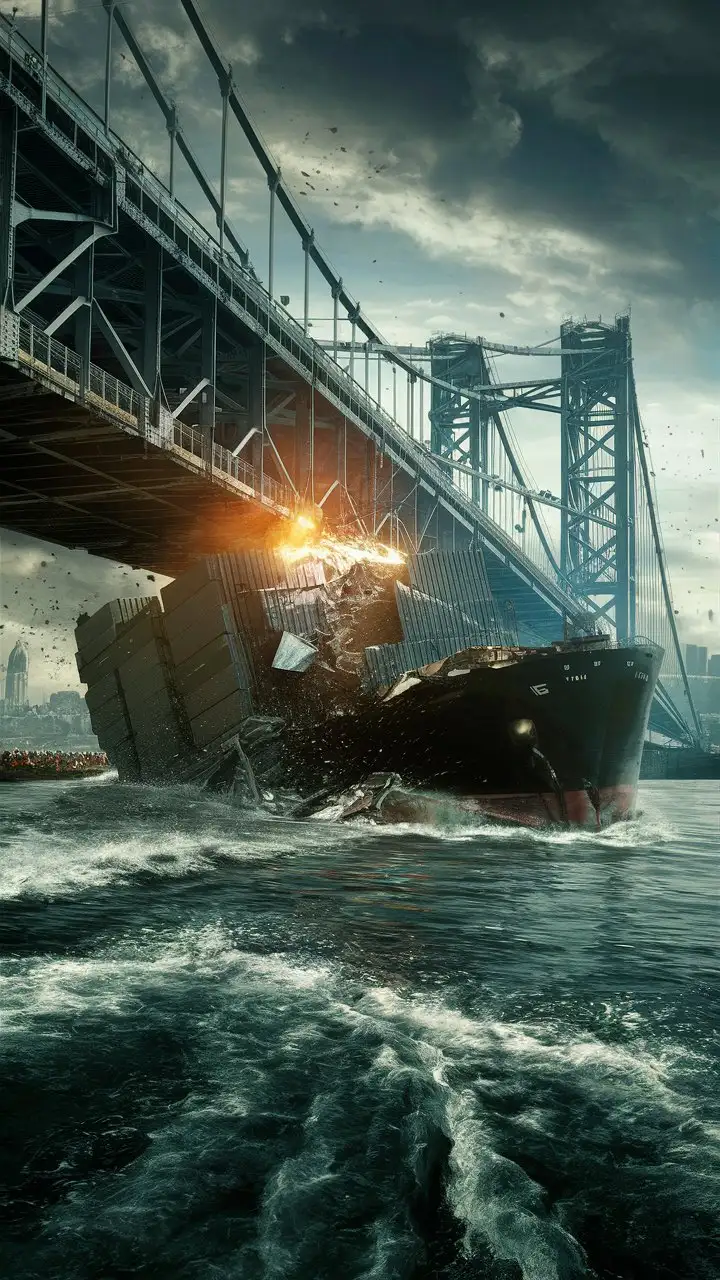 Majestic Cargo Ship Crashing into Iconic Bridge at Dusk