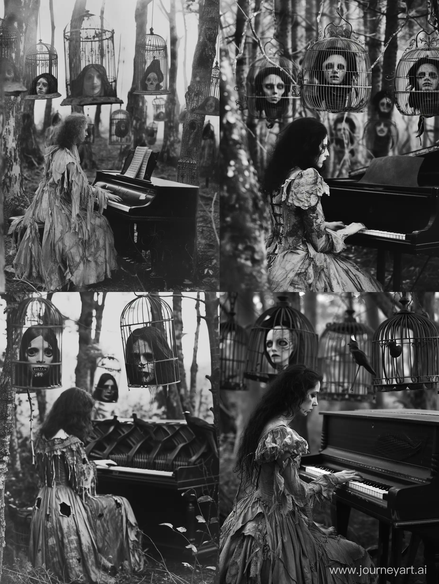 Lgrayscale photo that evokes folk horror, pagan witch wearing tattered vintage gown playing piano in a mysterious forest. In the background there’s large human size antique bird cages hanging in trees. Inside each cage is a hollow eyed woman, detailed face. the_ritual, creepypasta, folk horror, dark aesthetic, dark folk, dark magic, witch core