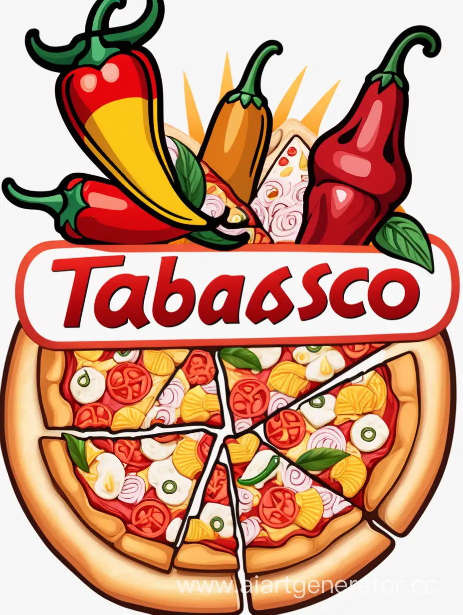 the image should be on a white background, horizontal logo with a big name in the middle "Tabasco" in yellow color, background chili pepper, around the pizza, sushi, fries  
