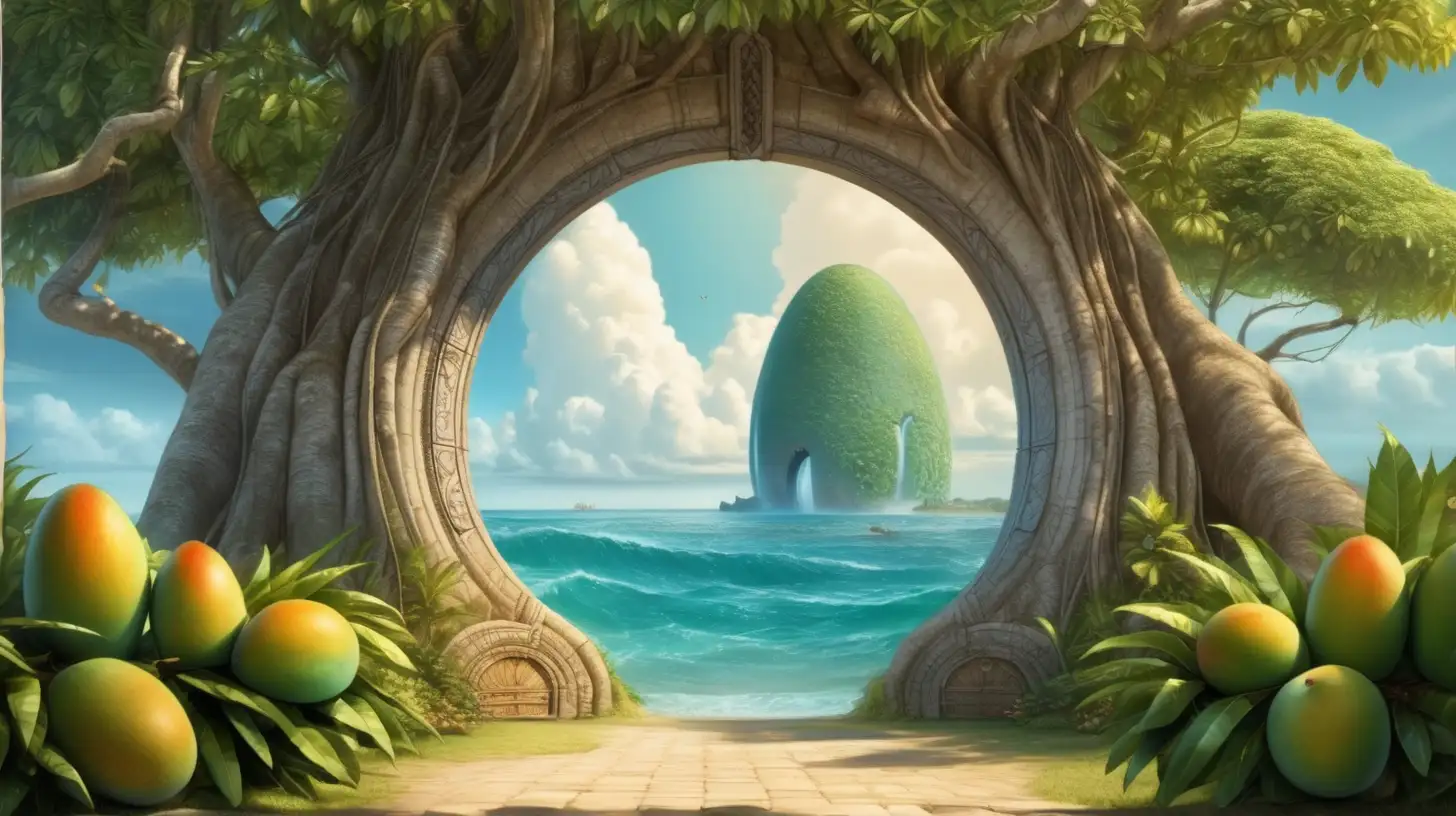 Enchanting Fairytale Scene Magical Mango Trees and Giant Ocean Portal