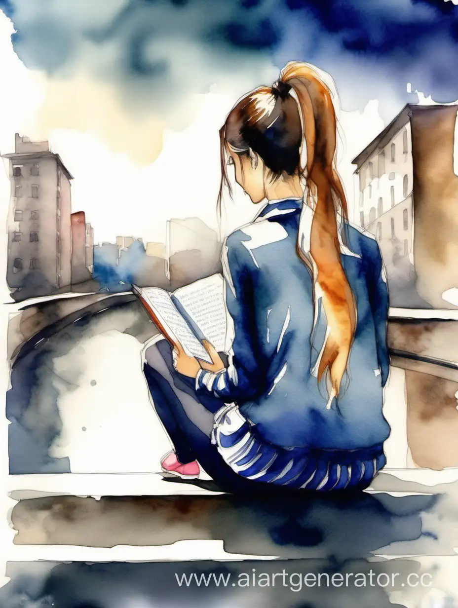 городская девушка, с хвостиком, спиной, задний фон размыт, с книгой сидит, акварель