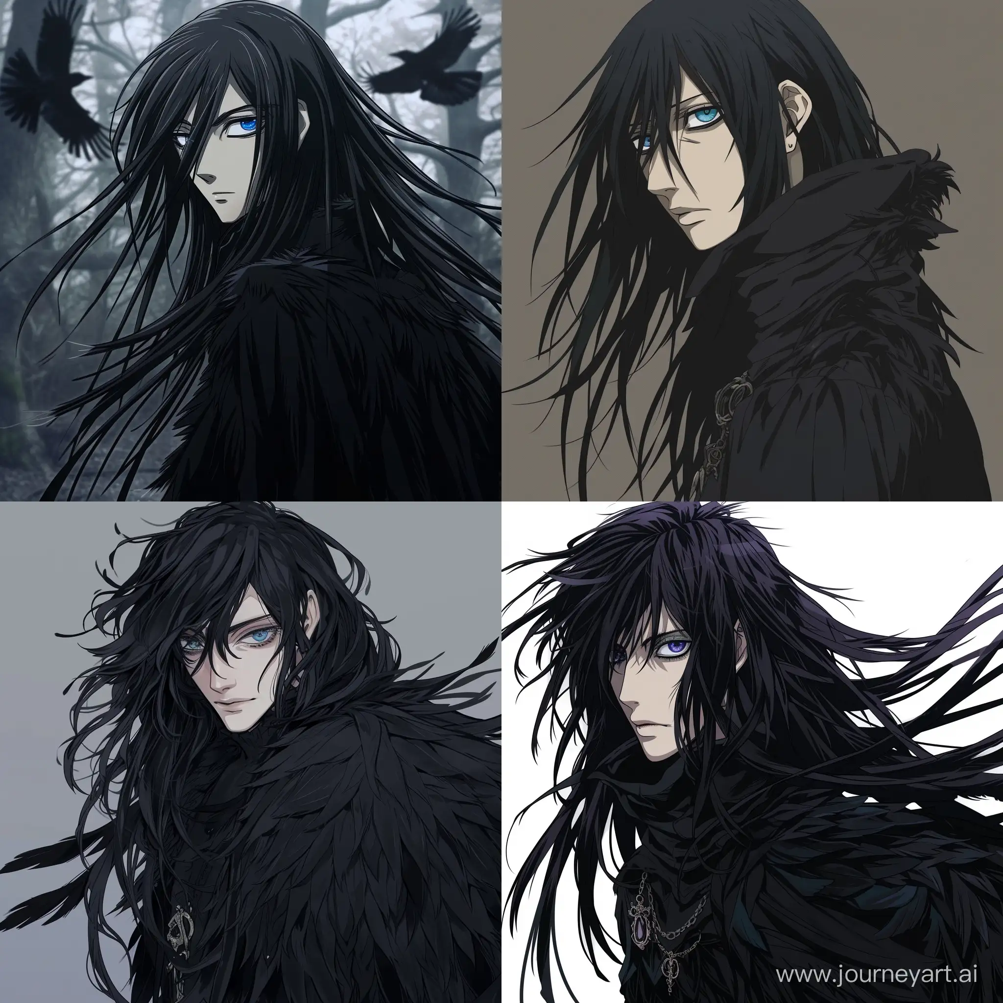 anime guy, humanizing raven, black long hair, blue eyes, goth, full length