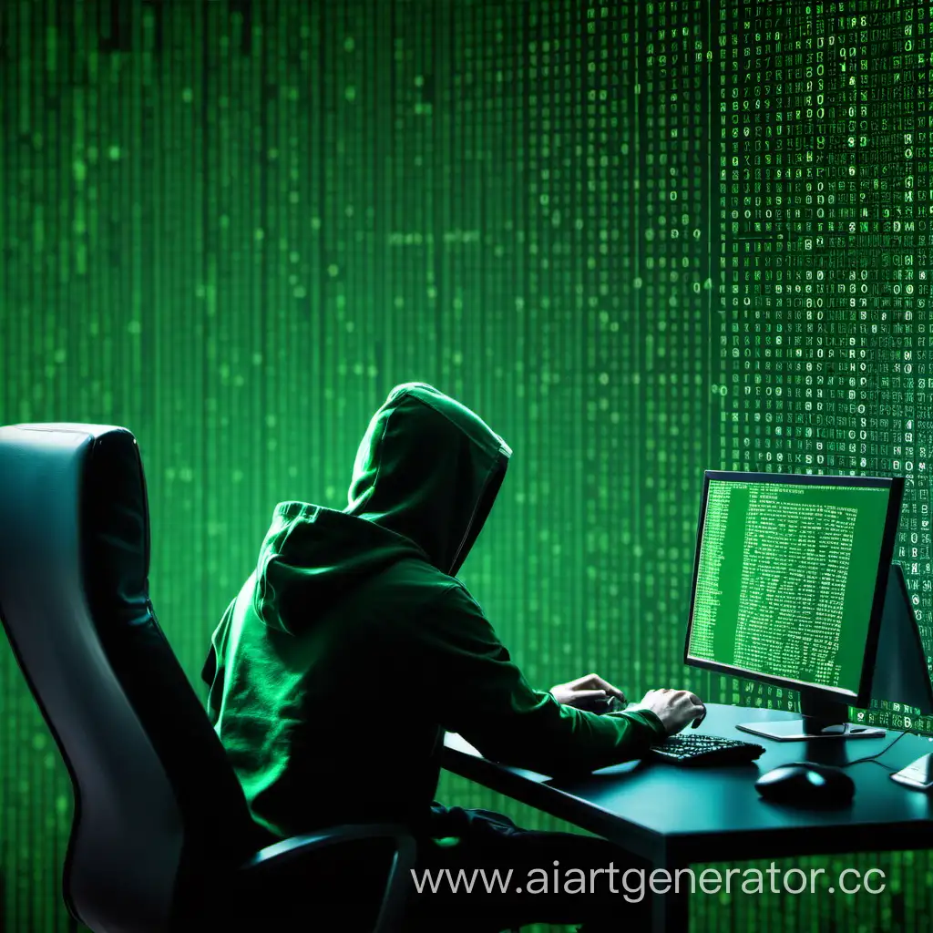 хакер сидящей за компьютером, пишет код, на фоне зеленые коды из цифр,по середине ник [DL]pOrOnOiK