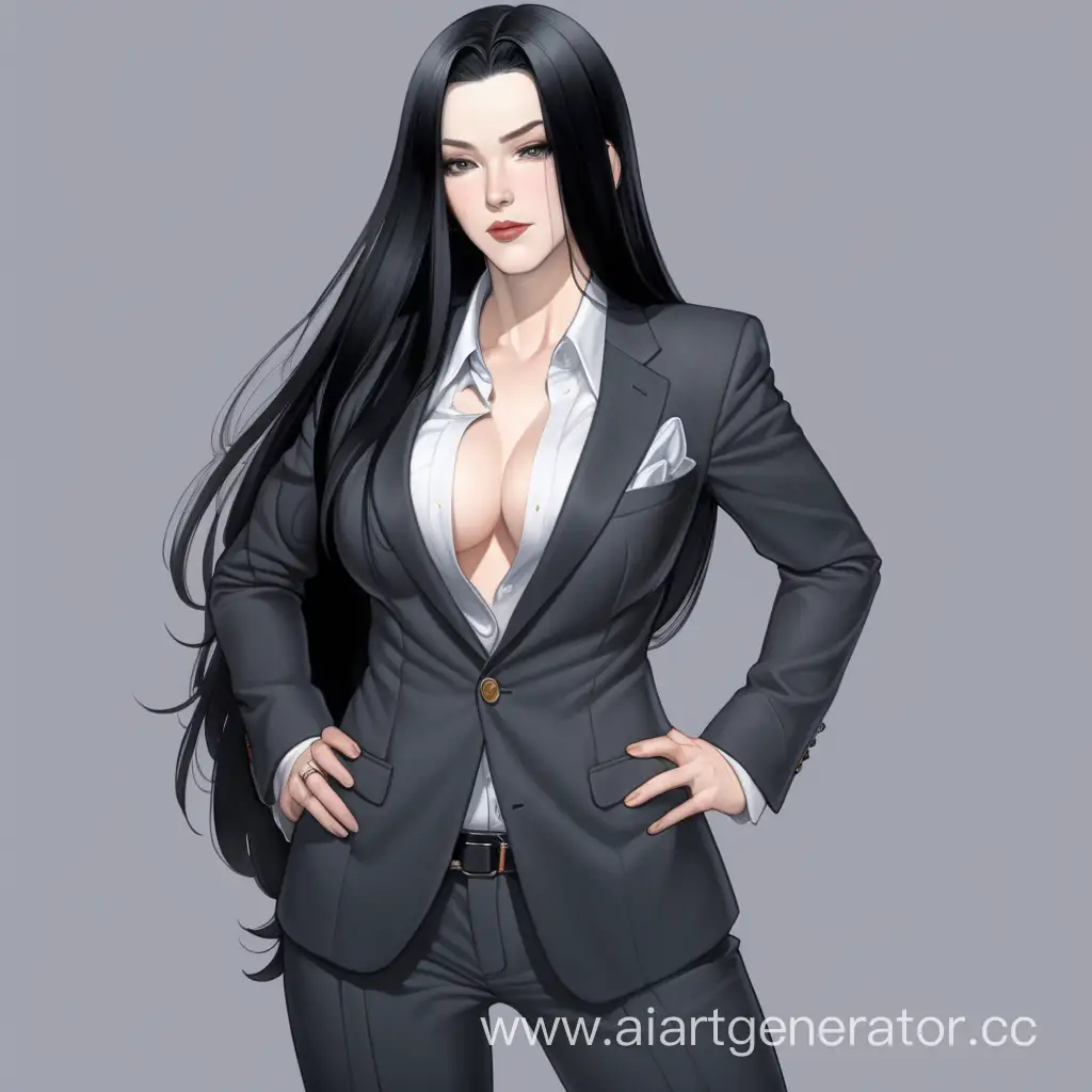 a masculine woman with long black hair, white skin, slightly big breasts and hips, wearing a suit