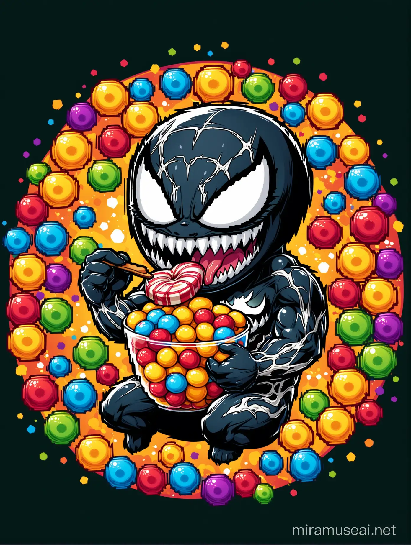 create a vibrant full color artistic shirt design of venom from marvel, in a chibi style, with a big head and small body, eating lots of sweet snacks, uncut from the frame, on black background, and colorful graphic visual elements