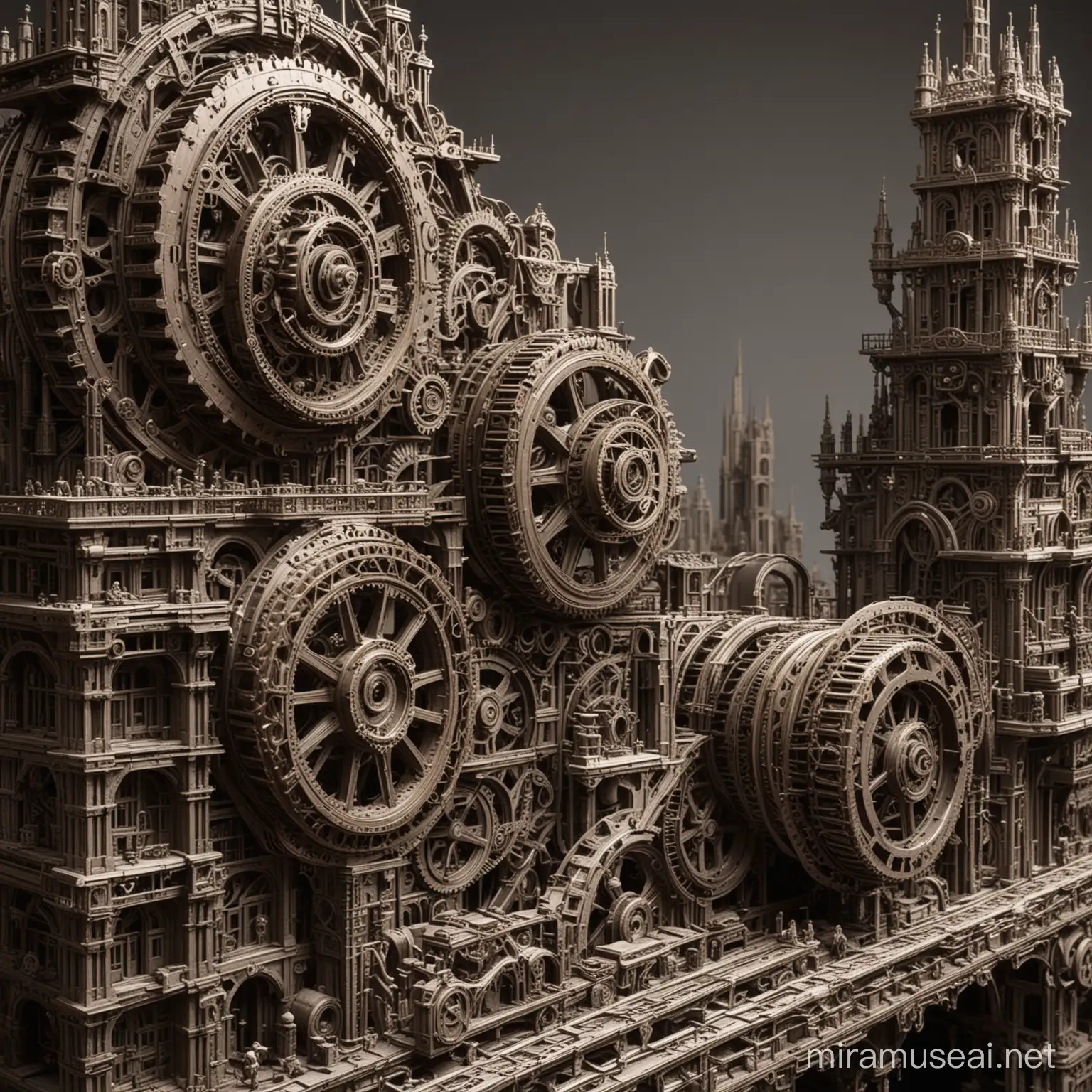 A cityscape where buildings are made of intricate gears and machinery, blending architecture with mechanics.