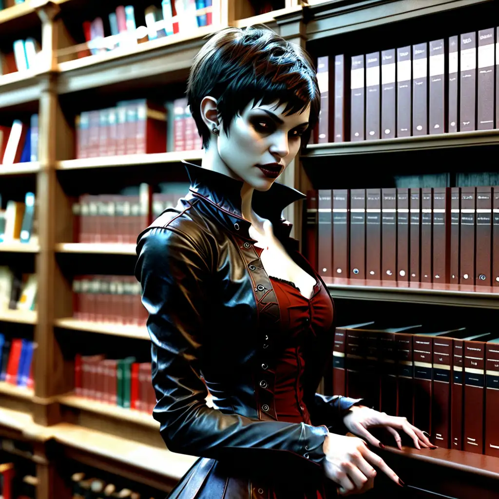 A female Tremere vampire Primogen, short hair, scouring through a library shelf, normal pose, realistic