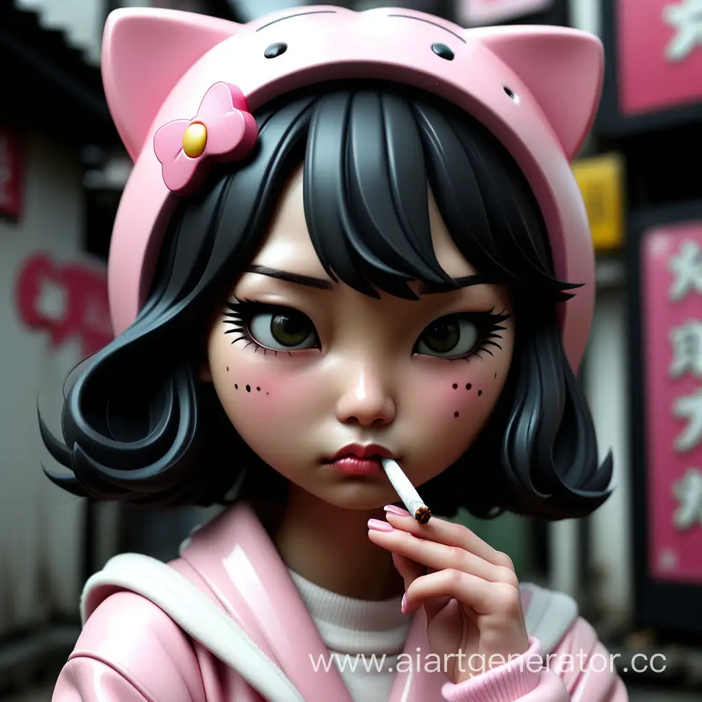hello kitty asia girl pink sad cigarette