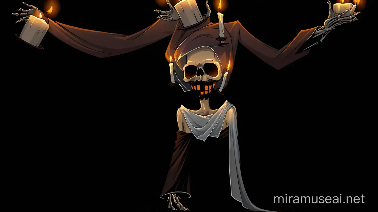 skull with transparent cloth over the face in a dark place with candles and in a dark style, keep the whole body visible, and in a cartoon style
