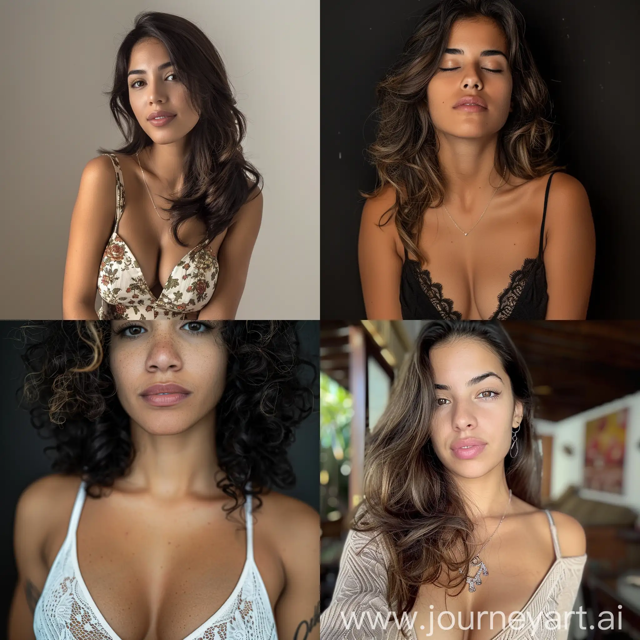 Full shot, full body A photograph of a beautiful Brazilian woman closed with normal clothes, and with olive skin, bust 102 cm --style raw
