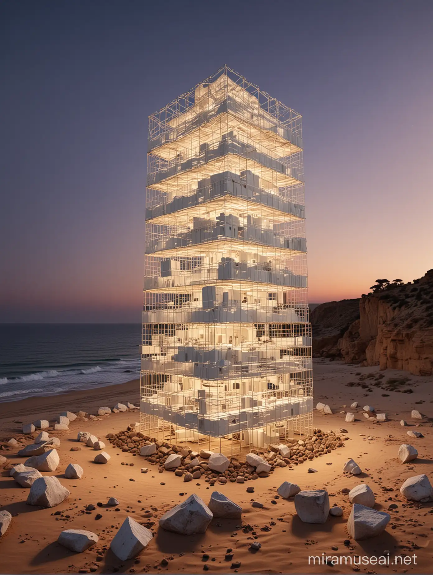 Create an eye-catching and realistic dynamic image of a white wireframe multi-storey building composed of empty white steel cubes without walls, stacked in many different layers. This structure stands as a three-storey white tower emerging from the desert of sand and rocks facing the sea. The twilight light accentuates the contours of the structure, creating a fascinating contrast between its geometric shape and the surrounding natural environment. The atmosphere of the sea is pleasant and mysterious at the same time, with warm shades dominating the landscape. Add elements of mystery, such as twilight light filtering through the empty spaces of the cubic structure, suggesting a sense of wonder and uncertainty. This empty building should blend harmoniously with the marine environment, an otherwise wild and desolate landscape. It incorporates realistic and captivating details to create an image that captures the viewer's imagination and transports them to a world of mystery and beauty.