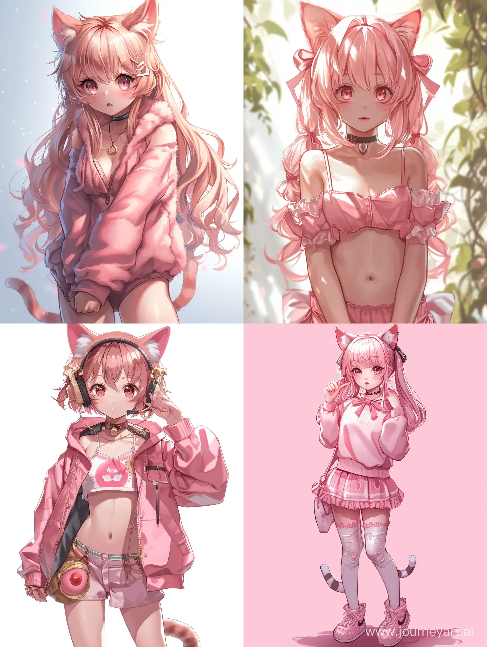 vtuber design, anime girl, young girl, cat ears, nekomimi, pink, cute , fullbody