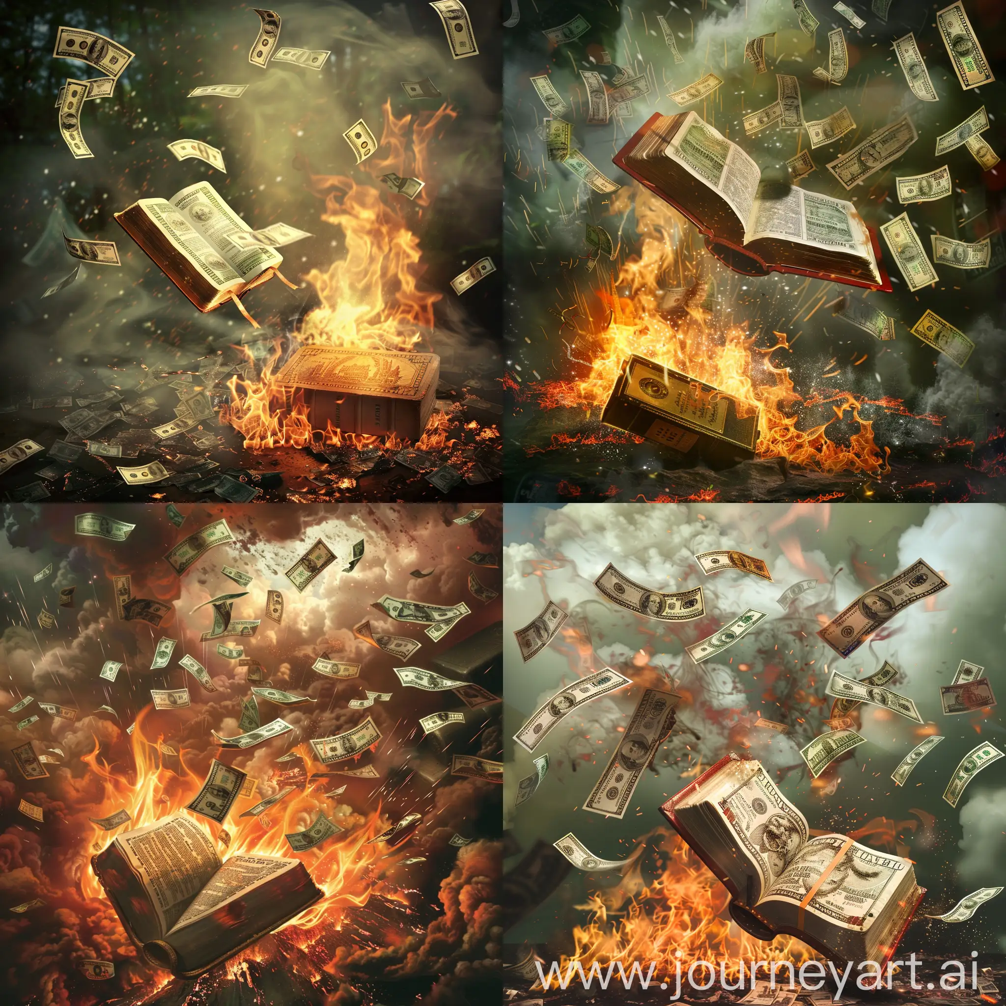 apocalipse com dinheiro caindo do céu e  uma bíblia queimando