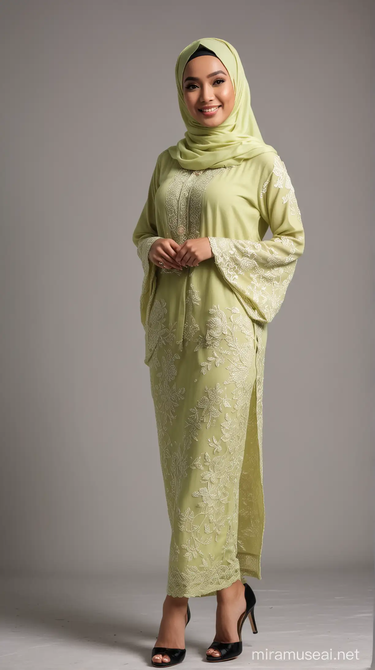 Elegant Malay Woman in PeachColored Hijab and Lime Loose Kebaya