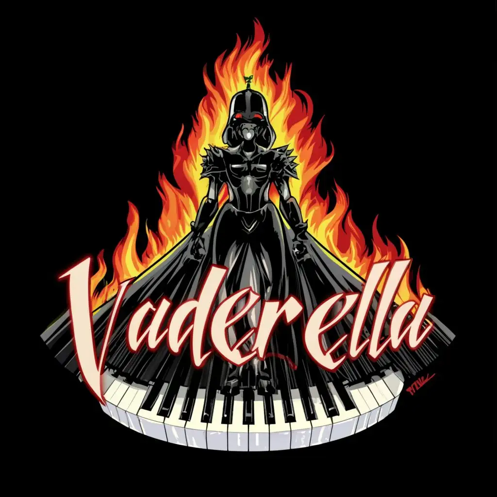 a logo design, with the text Vaderella, main symbol: keyboard guitar, flames, female Darth Vader, red, black, white, complex, to be used in Events industry, clear background