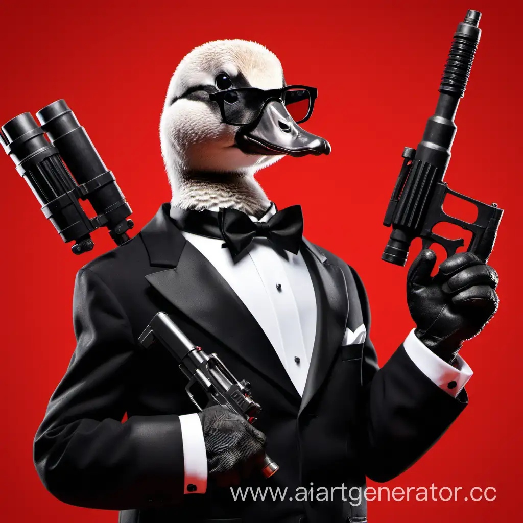 Stylish-Goose-with-Minigun-Dapper-Avian-Armed-in-Red-Background