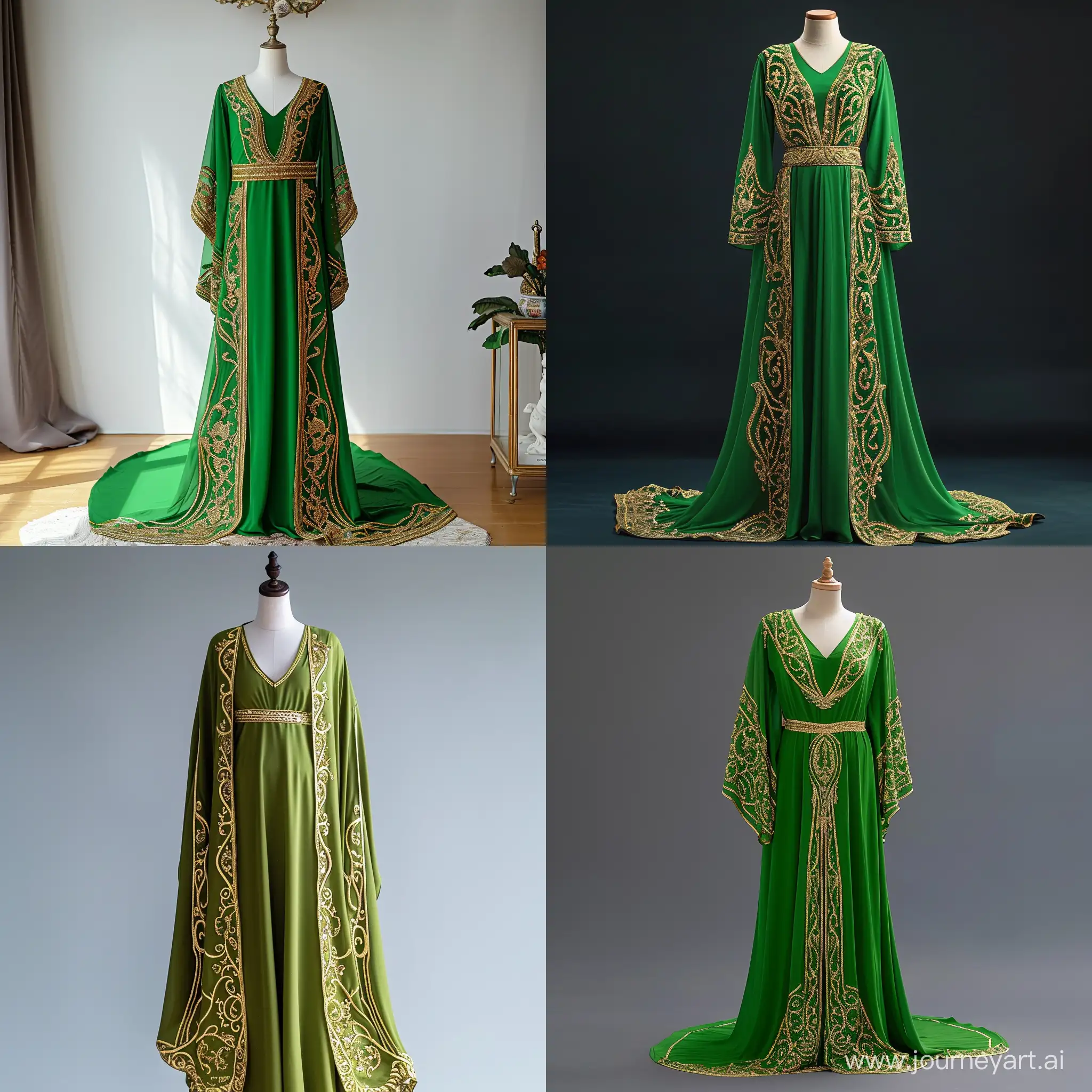 a beautiful green caftan with intricate golden embroidery, displayed on a mannequin. The caftan is long and flows down gracefully, giving it an elegant appearance. The golden embroidery is intricate and detailed, adorning the borders, waistline, and extending down the length of the caftan. The caftan has a V-neck design which is also outlined by the golden embroidery. It appears to be made of a glossy material that gives it a luxurious look. The waistline is accentuated by an embroidered belt-like design that adds to its elegance