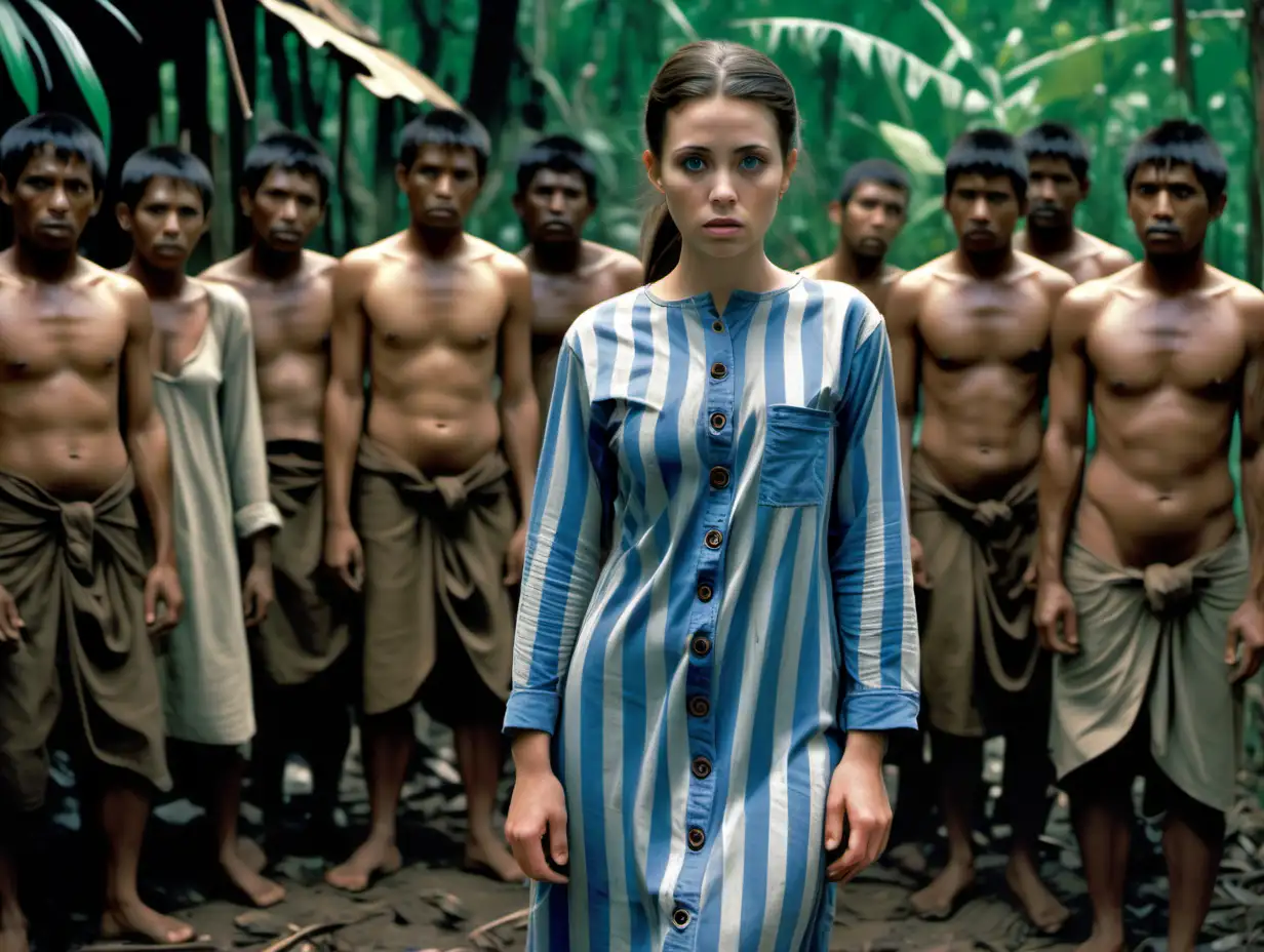 A busty prisoner woman (25 years old) stands in a jungle tribal village (captured by tribe members) in worn dirty blue-white vertical wide-striped longsleeve midi-length buttoned sackdress ( a big printed "478" label on chest pocket , short brunette low pony hair, sad and ashamed), group of naked jungle tribe warriors standing around her