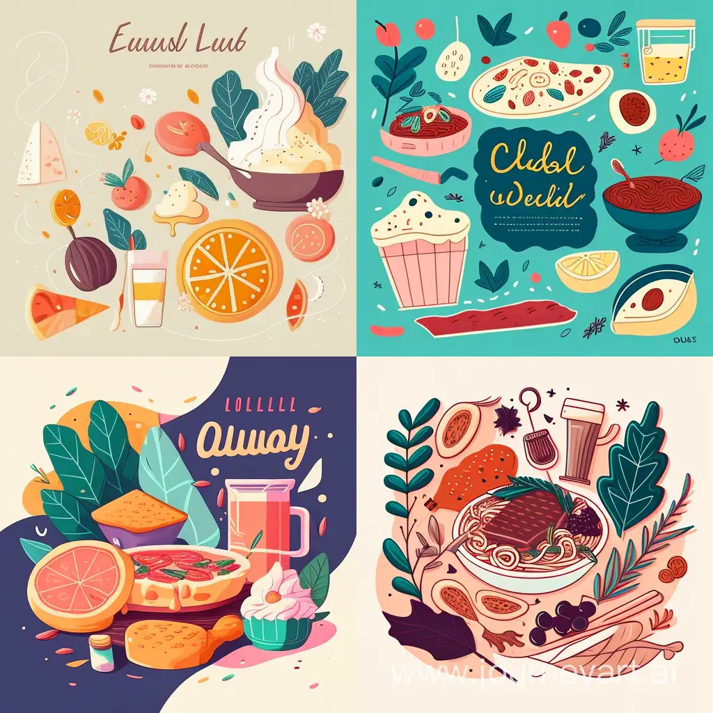 Delicious food illustration, cozy line art, flat colors --q 2 --v 4