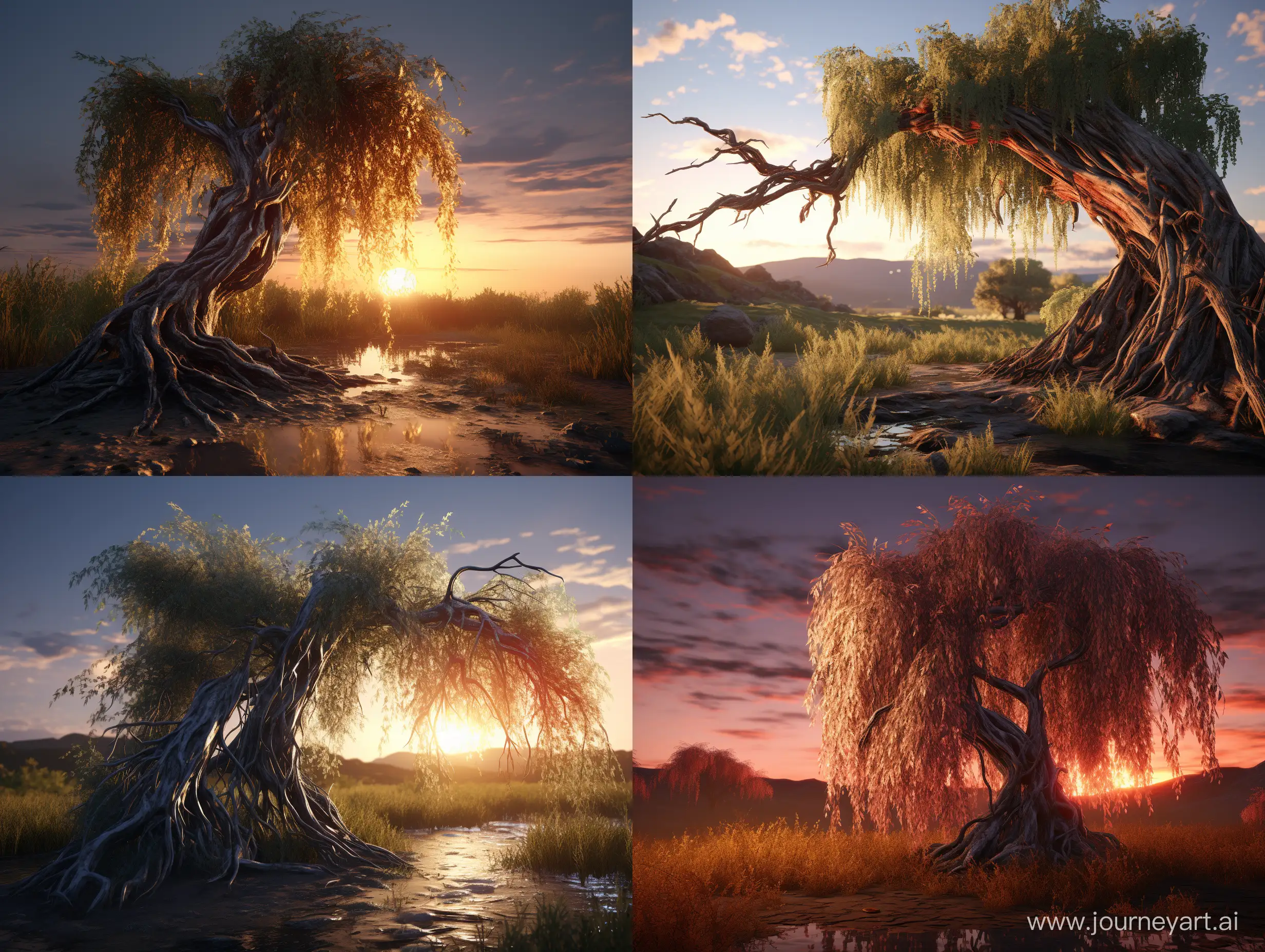 Broken Willow tree, 8k, realistic, cinematic lighting, dusk time, --ar 4:3 --q 2