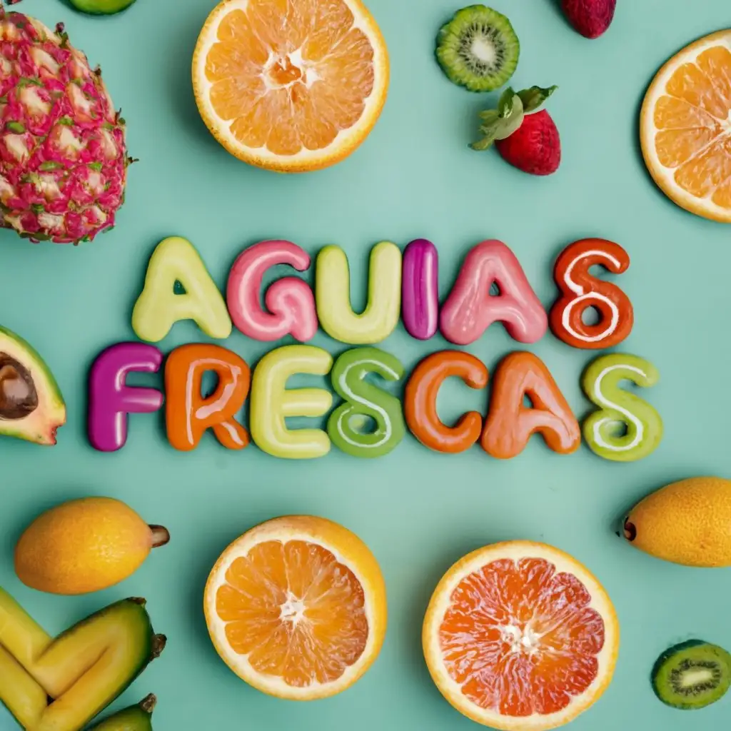 logo, colorful fruits, juice cups with straws, with the text "Aguas Frescas Miss Marce", typography
