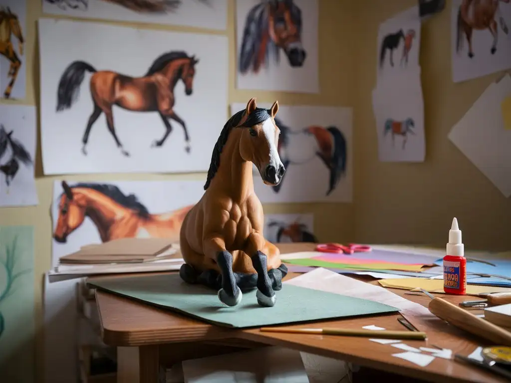 Model grulla horse in small scale on a desk with crafting materials scattered around and horse drawings on the walls