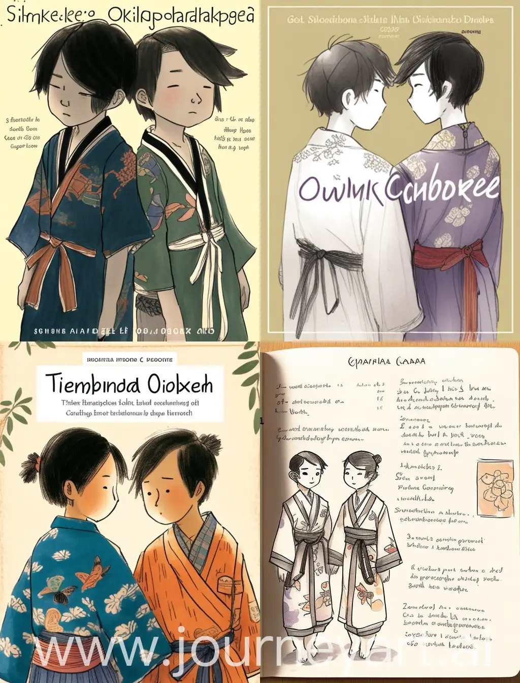 Two 15-year-old Japanese boyfriends dressed in old kimonos, Japanese style, with their arms affectionately around each other. Dark hair, Japan has a rich tradition of storytelling and whimsy. Create a collaborative story that incorporates elements of these artistic styles: the turbulent past and tenacious spirit of the Japanese people, children's preschool drawings, pencil scribbles, the pure, free touch of hand-drawing, and the hazy, rustic backdrops of rural Japan.