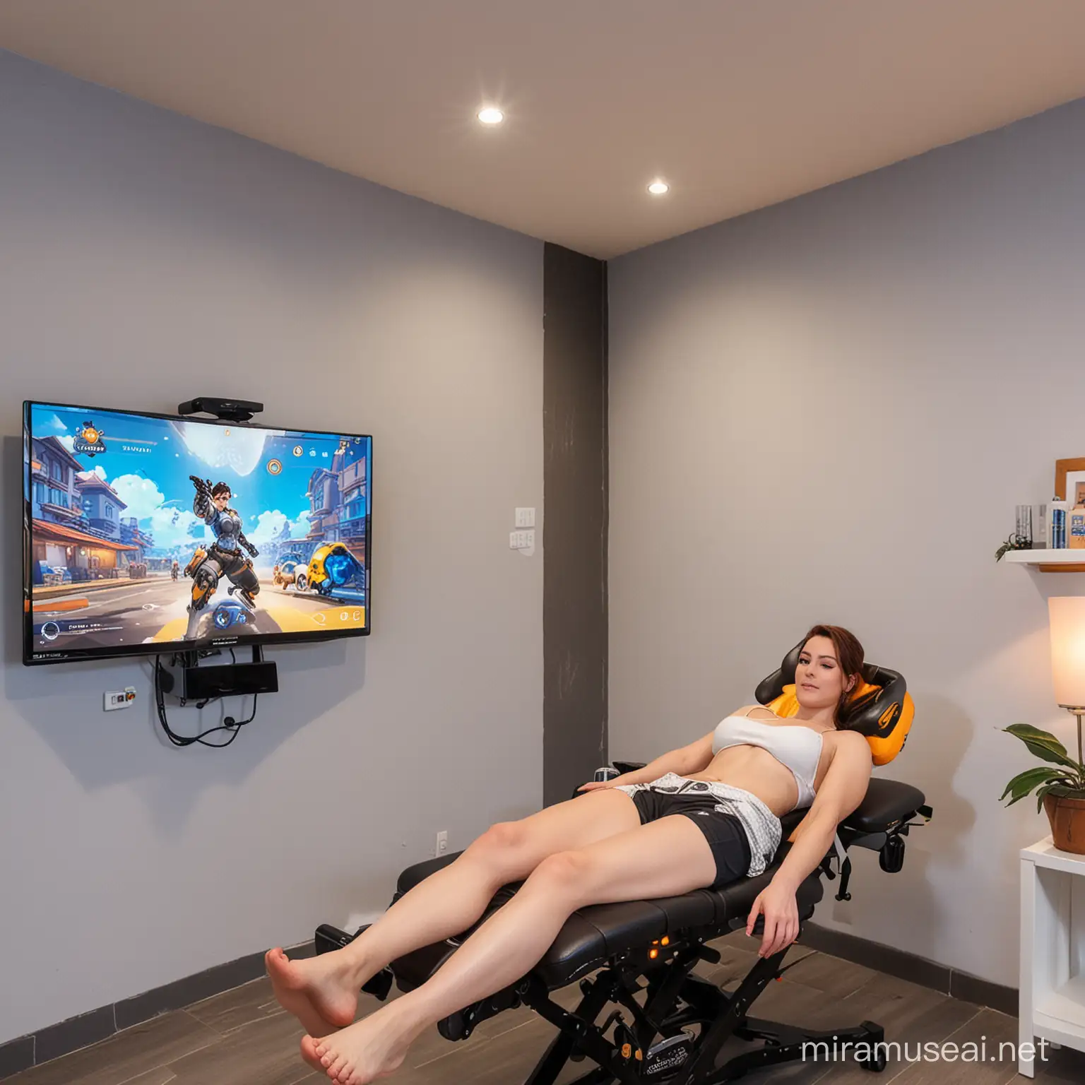 массажный салон с включенным на телевизоре стримом по компьютерной игре overwatch