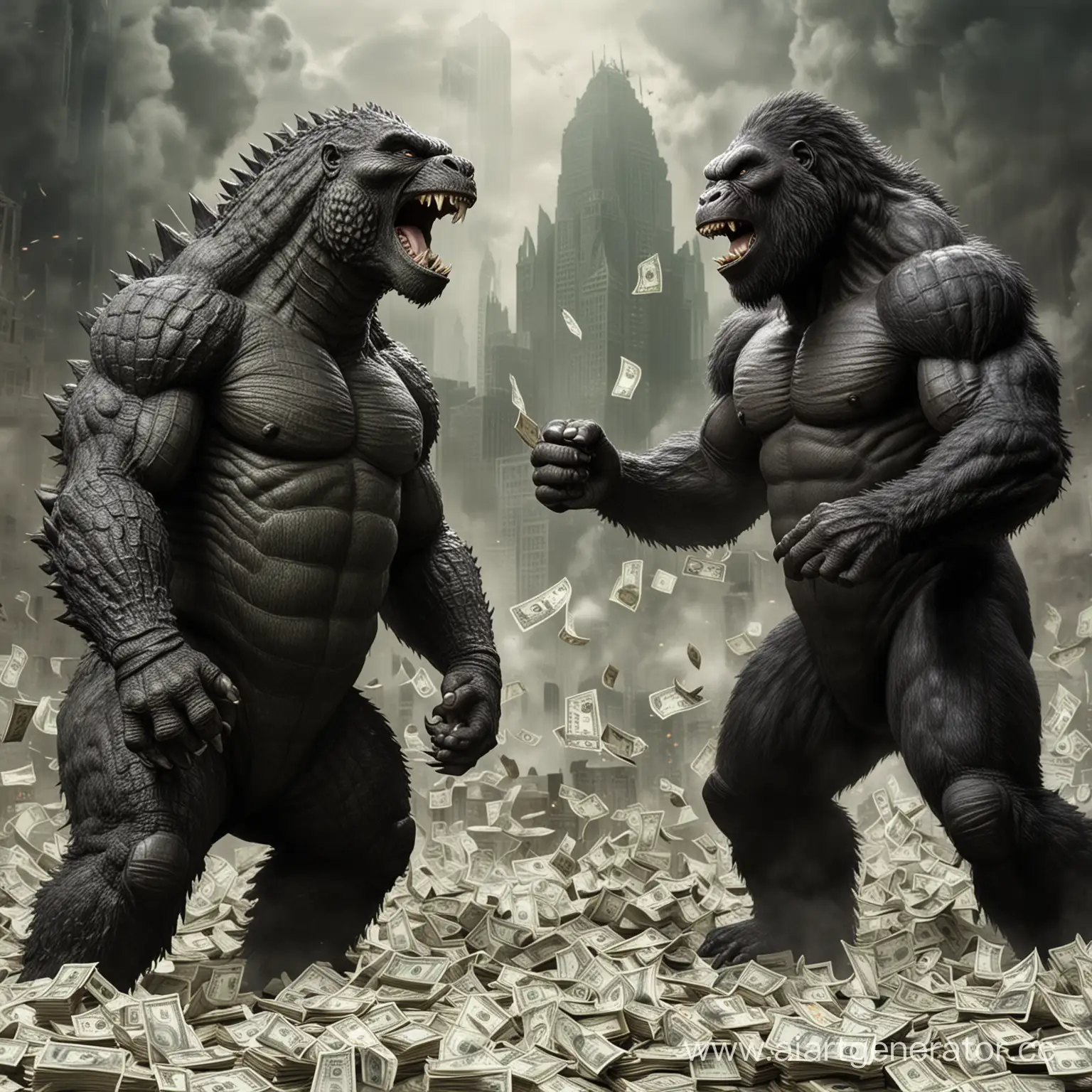 Godzilla and King Kong very happy together with money all around them