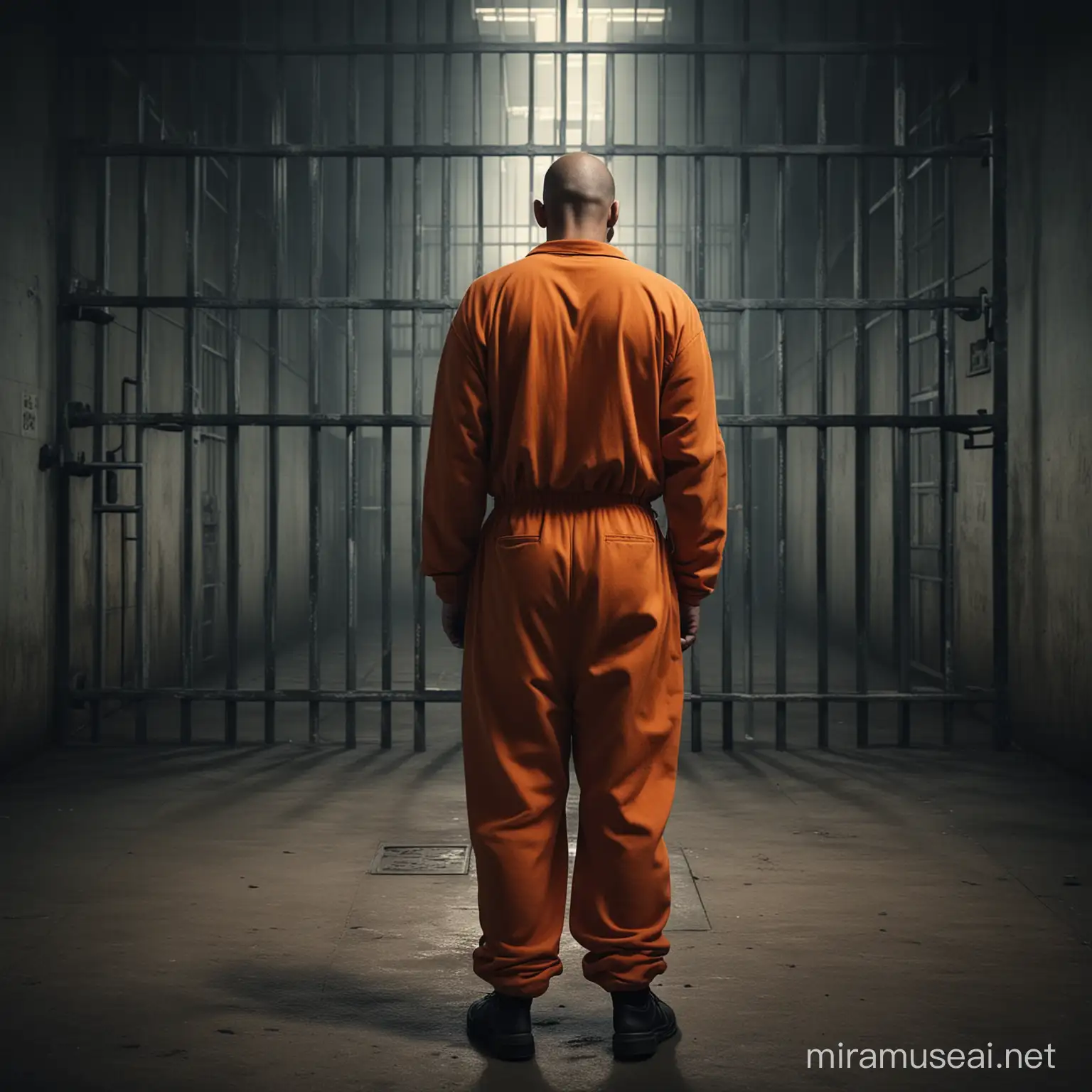 create an image of a prisoner from the back in jail, there is more foreground and background depth, long shot, Make it dark and have the prisoner wear an orange jumpsuit
