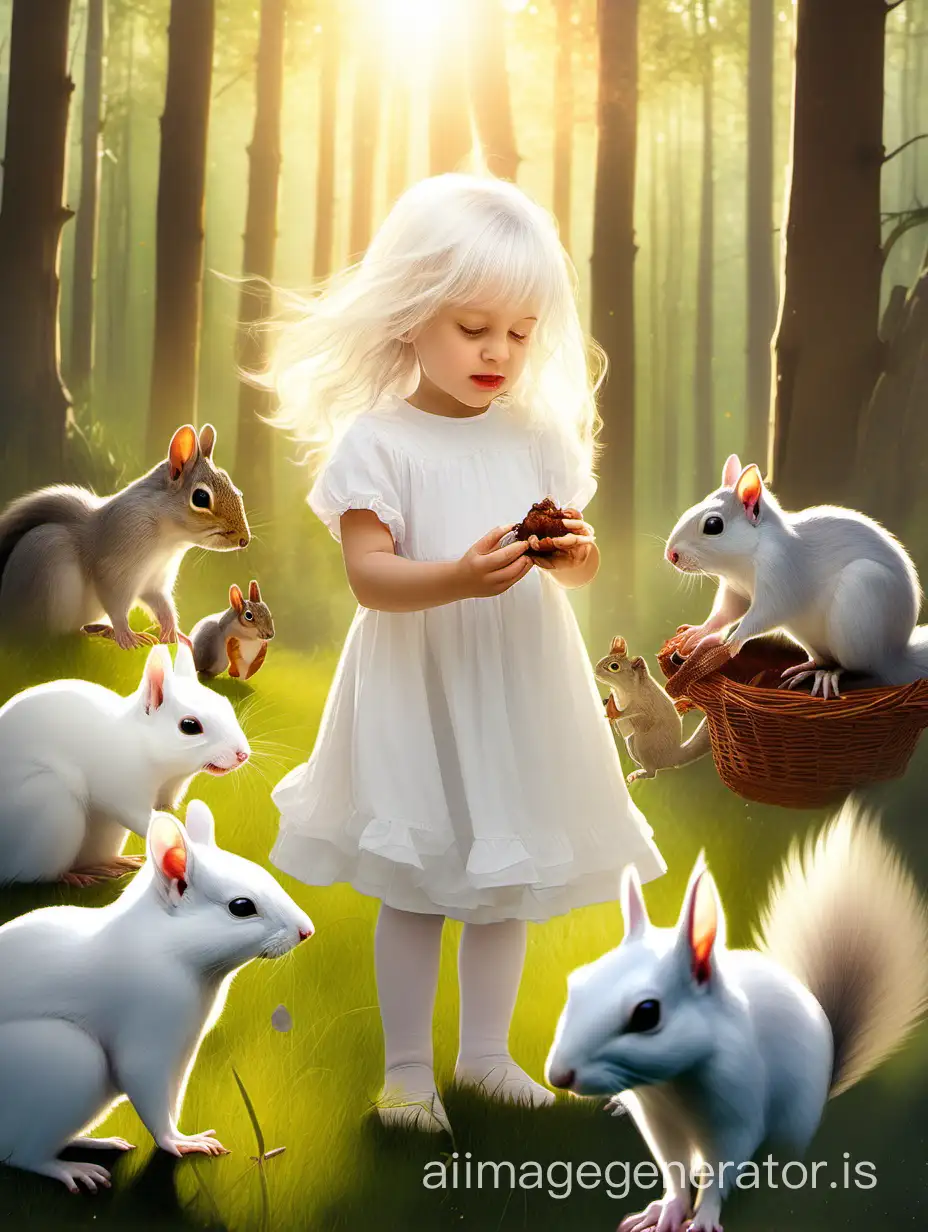 The little girl in a white dress with white hair in a forest clearing in the sunlight feeds rabbits and a squirrel.