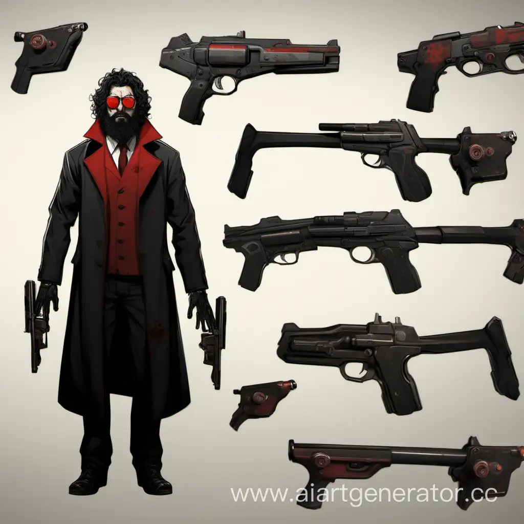 Concept art, atomic heart game, man with beard, long curly black hair, red glasses, black coat, Guns,