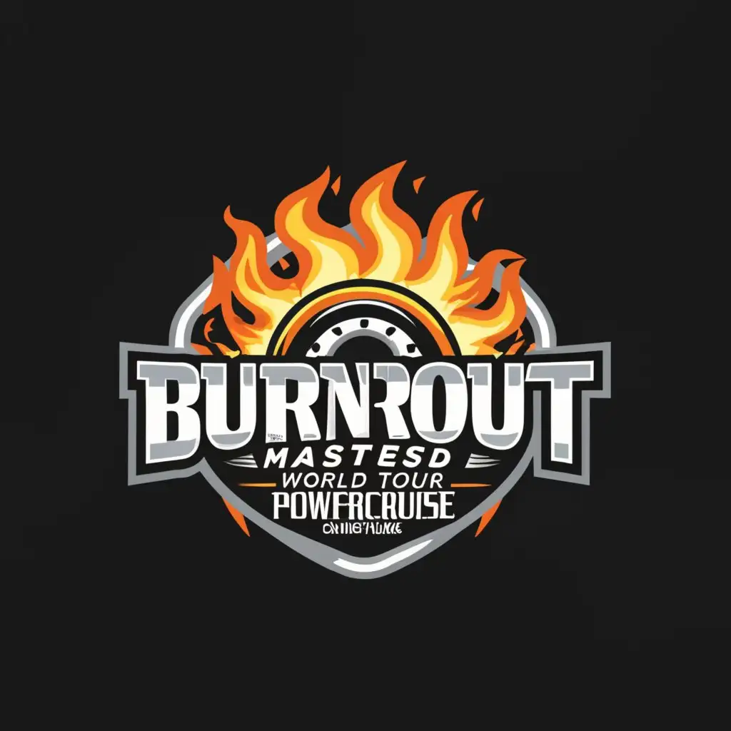 a logo design,with the text 'burnout masters world tour by powercruise', main symbol:wheel,burnout, smoke, car,Moderate, be used in Automotive industry,clear background