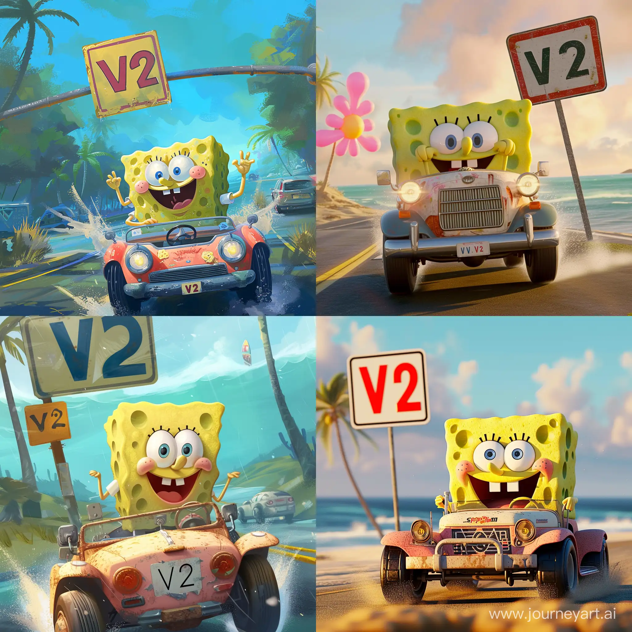 Single image of Spongebob driving in bikini bottom approaching a Signage that reads "V2"