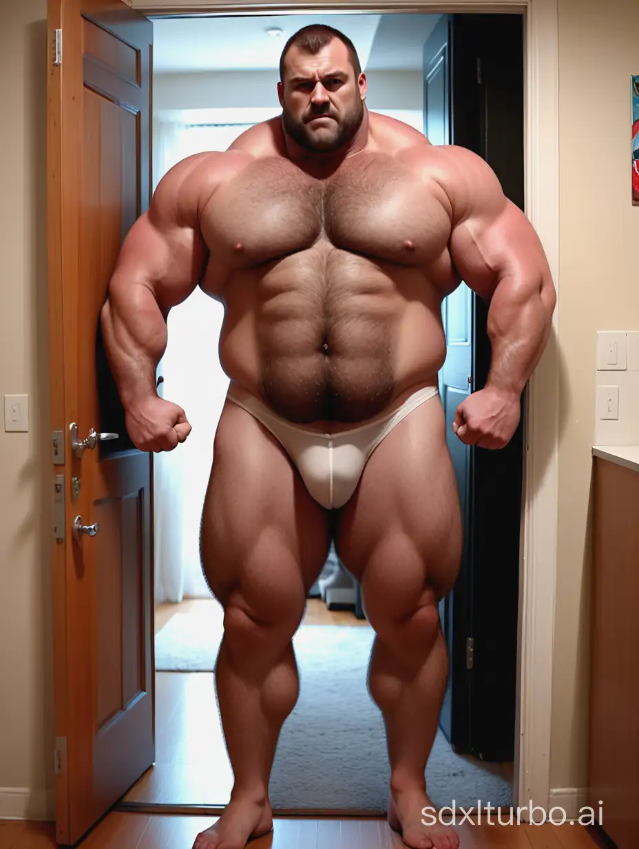 beefy manly muscle evil bear bully neighbor. White skin and massive muscle stud, much bodyhair. Muscle posing at his open apartment door. Cocky intimidating Szenario. Huge Fat body. Long Strong legs. Full body diagram. 2m tall. Very Big Chest. Very Huge biceps. 8-pack abs. Very Fat. Very Strong. Wearing underwear.