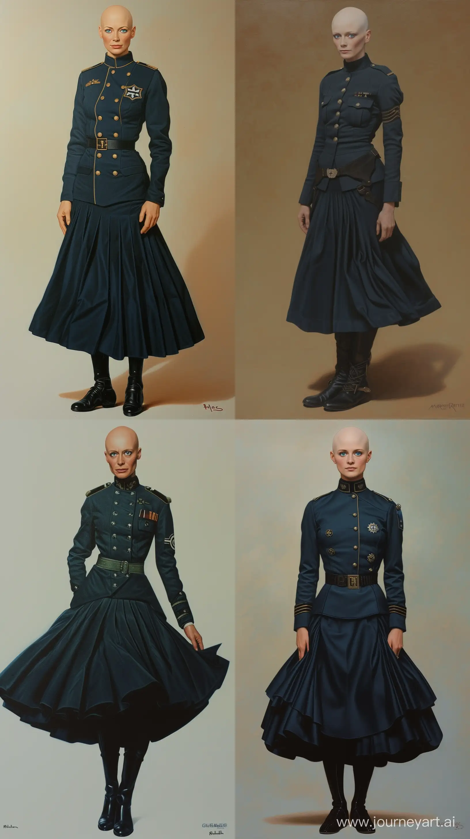 A tall bald version of Gillian Anderson wearing a dark blue german military dress uniform with skirt painted by Ralph McQuarrie. entire body shown. feet shown. in retro science fiction style. blue eyes. --ar 9:16
