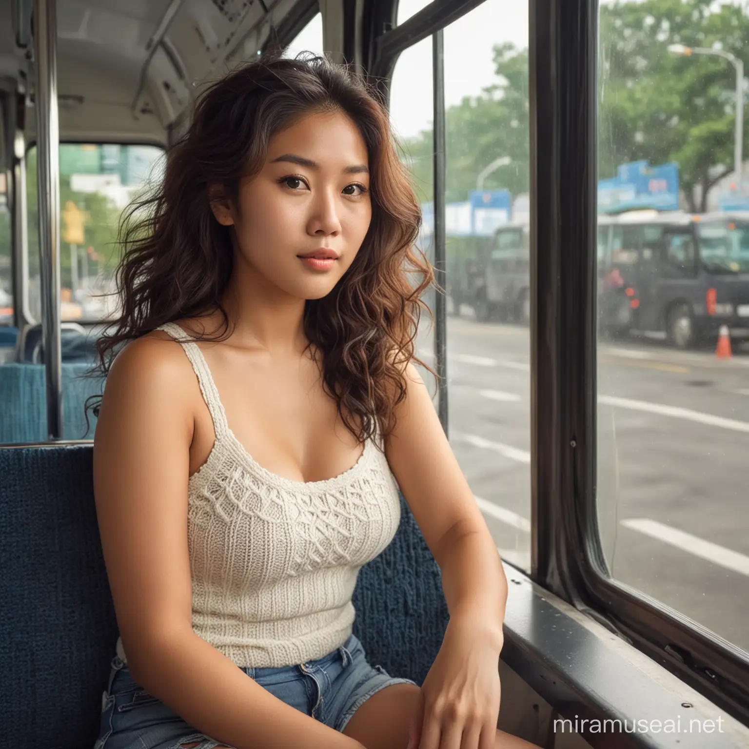 
a beautiful asian woman, wavy hair, big body, knit tank top, shorts, sitting, in the bus, morning