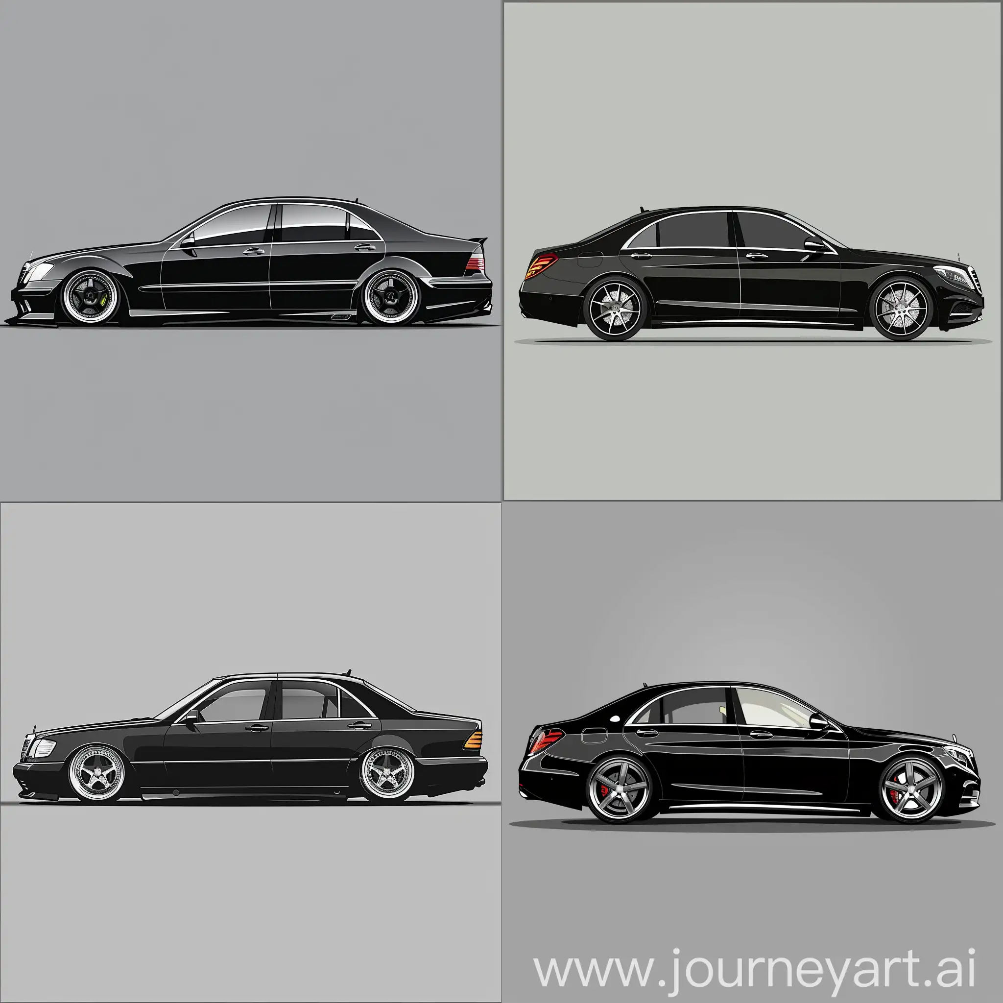 Minimalism 2D Car 2/3 View Illustration of: Black Mercedes Benz S Class W140, Simple Gray Background, Adobe Illustrator Software, High Quality --v 6.0 