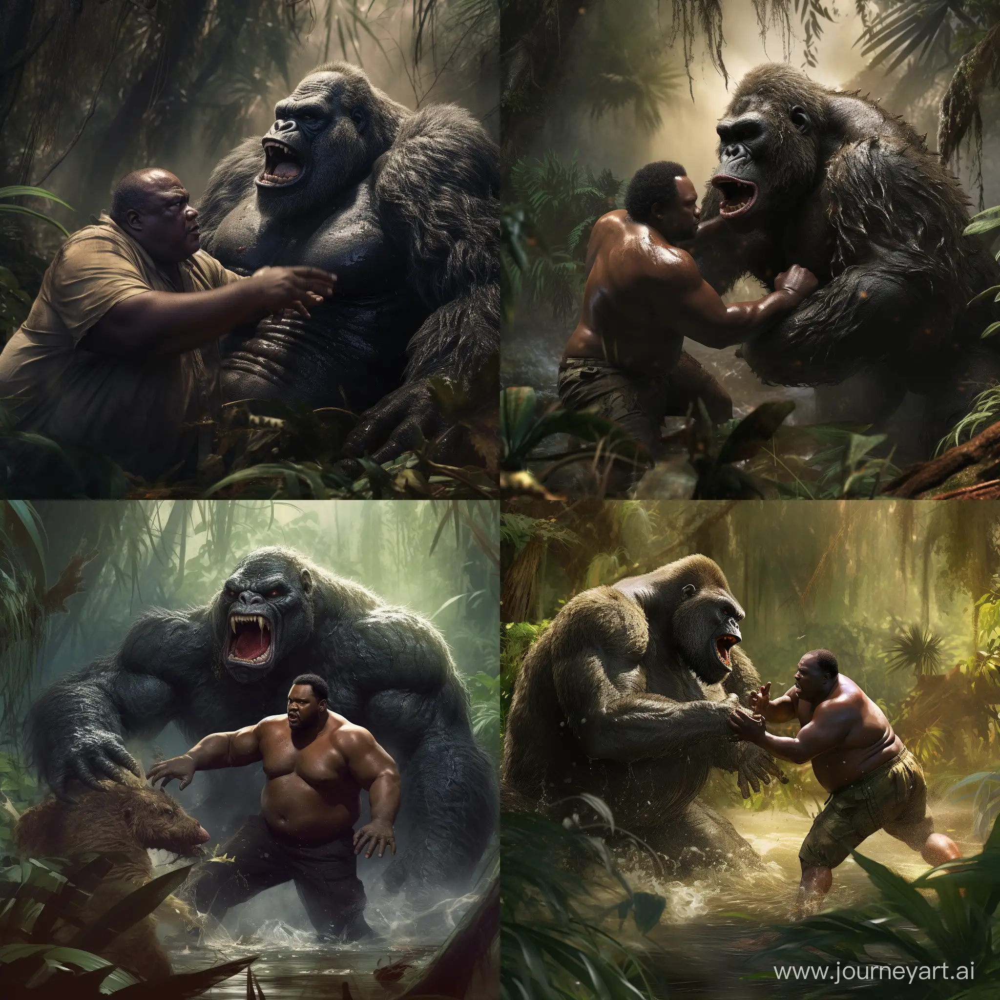 A fat African American man is fighting a gorilla in a littered swamp