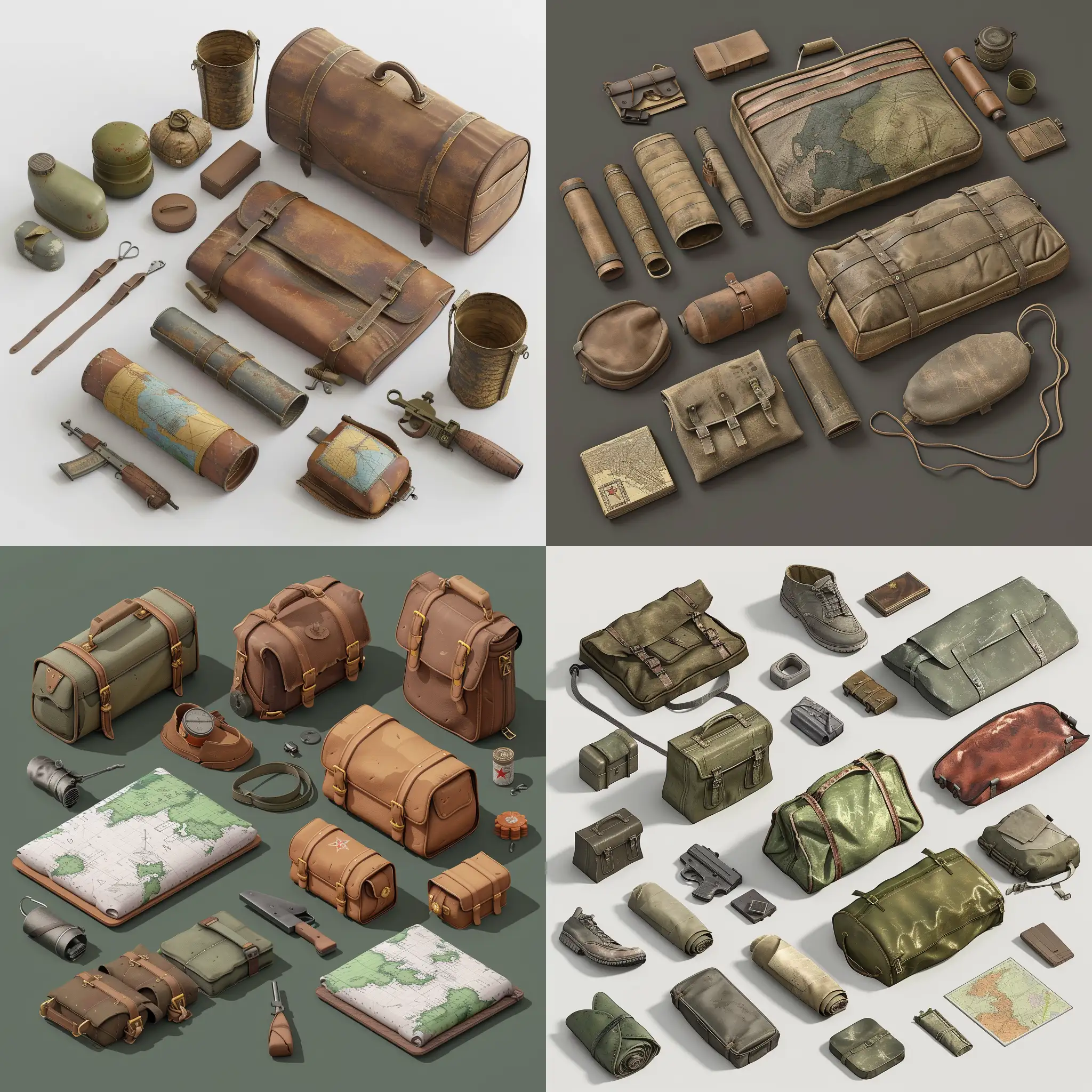 isometric set, realistic worn military cartographic kit in old soviet oblong leather bag isometric set, 3d render, grim