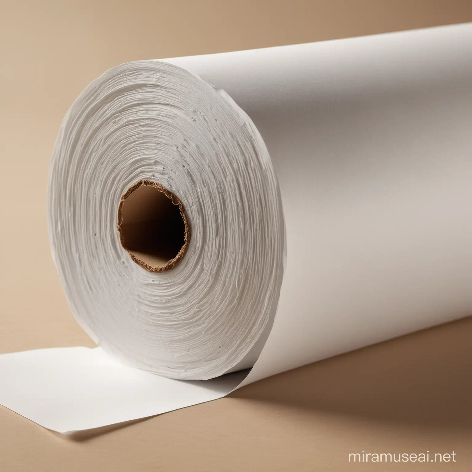 a realistic photo of a roll of paper that looks about 60 inches wide and has a core on the inside, neatly wound.