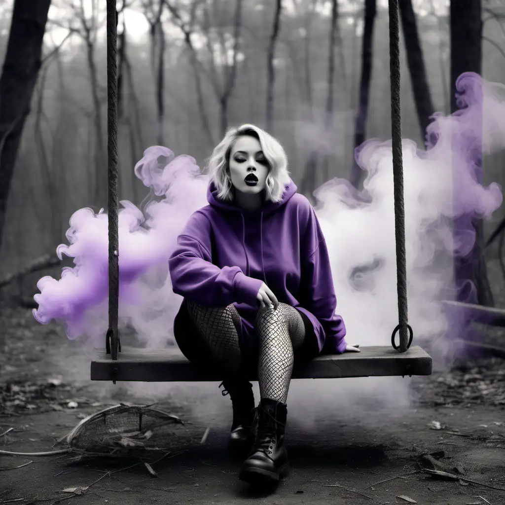 create a rotund woman with short wavy blonde hair, wearing no makeup, long oversized hoodie, unlaced combat boots and fishnet leggings smoking a blunt smoke purple coming out of her mouth thats colorful and mystical, sitting on a rusty swing background of a woodland area yet blurry the entire image depicted in black and white tones,