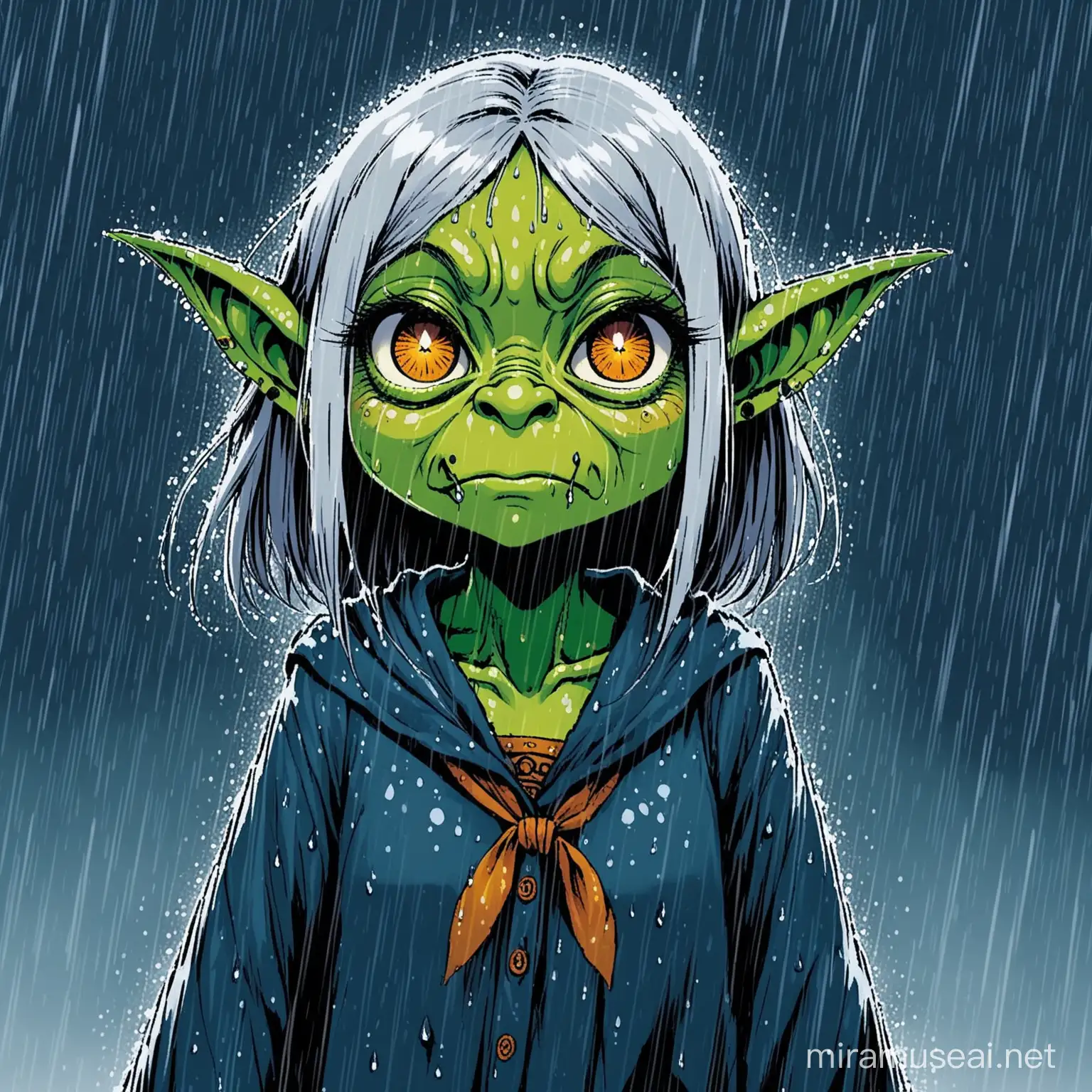 Woman hippie goblin with grey hair in dark blue rain