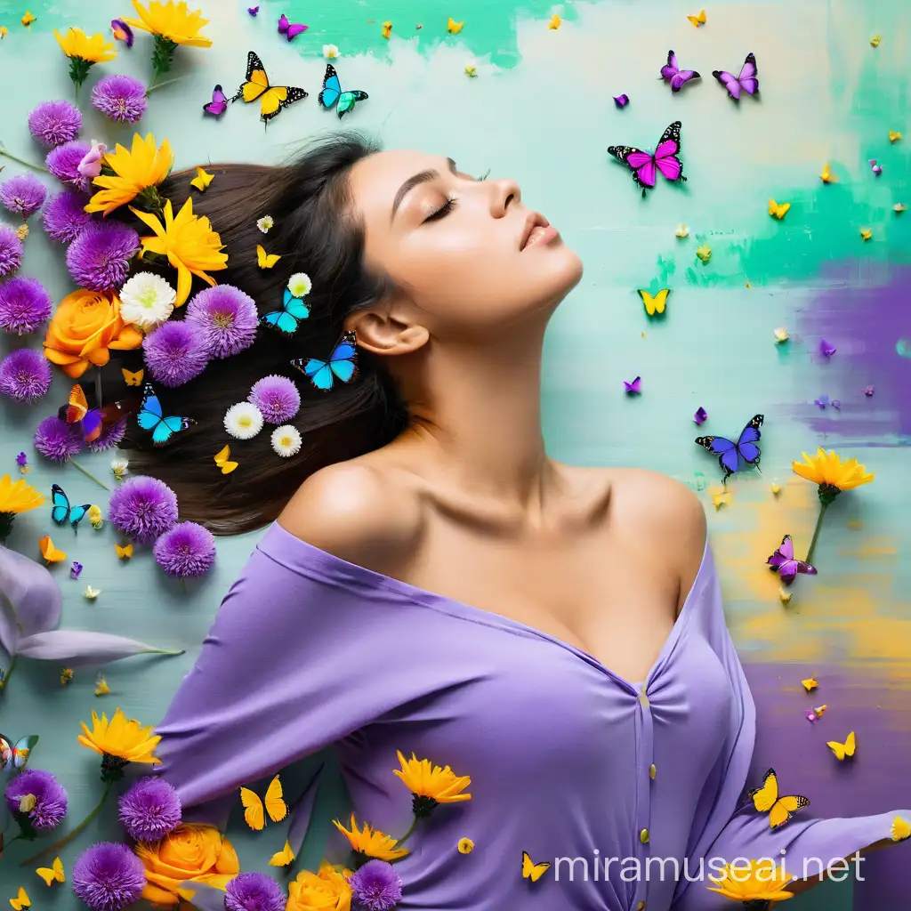 Person in Green Shirt Surrounded by Purple Flowers and Colorful Butterflies