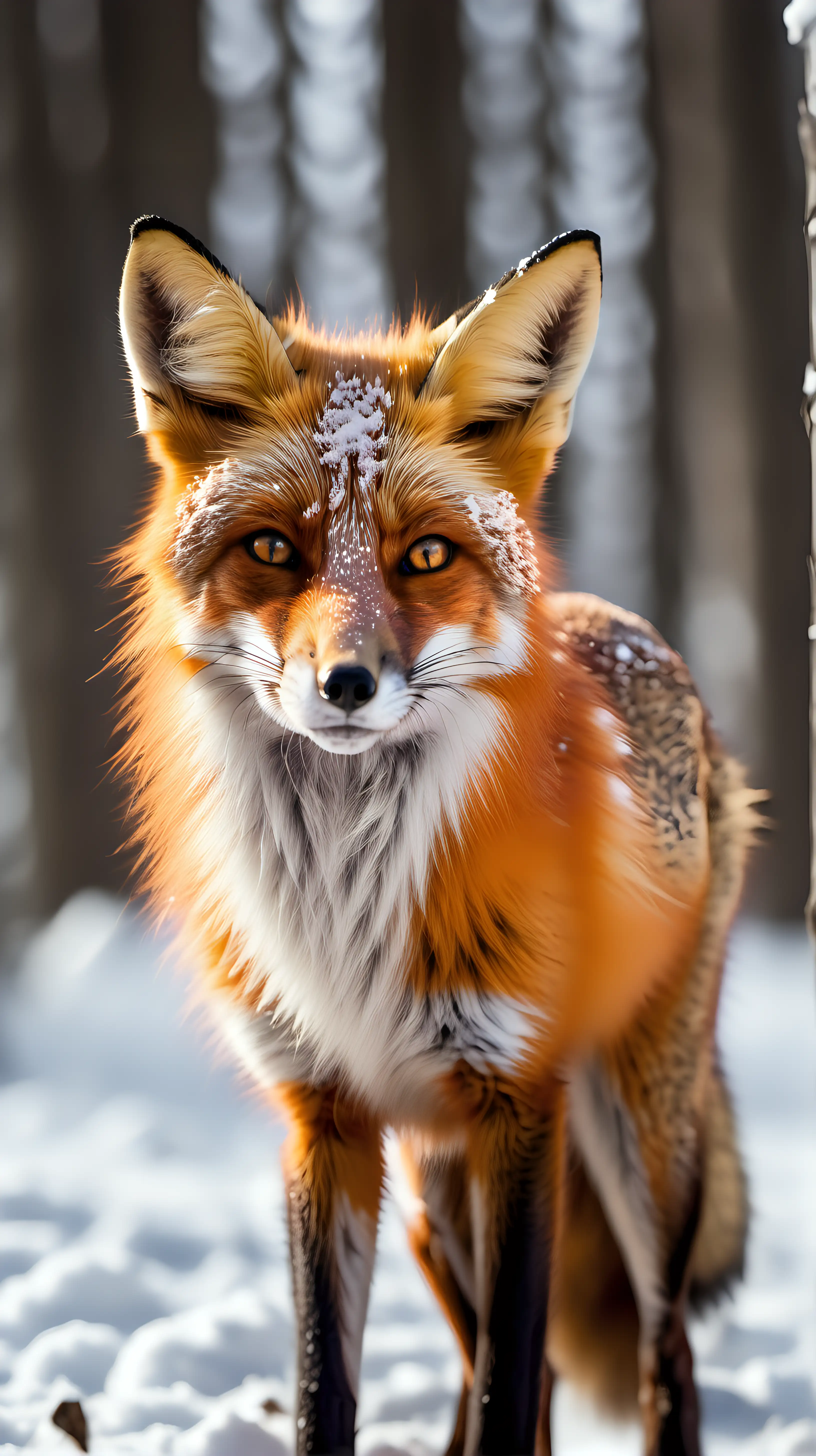 portrait of a fox, background snow forest
