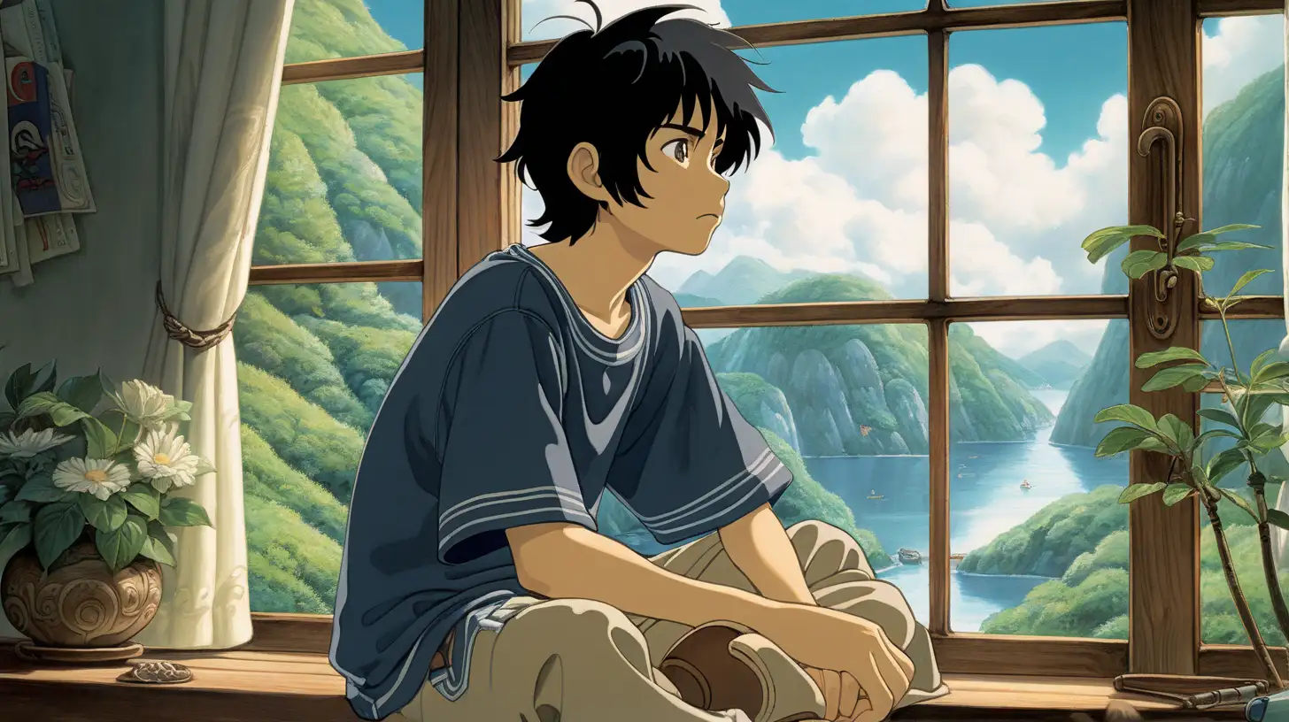 a boy with black hair sitting by the window, happy, peaceful, beauiful illustration of fantasy, ghibli, princess mononoke, soothing, dark, music, amazing detailed game poster, Hayao Miyazaki --ar3:2 --niji 5
