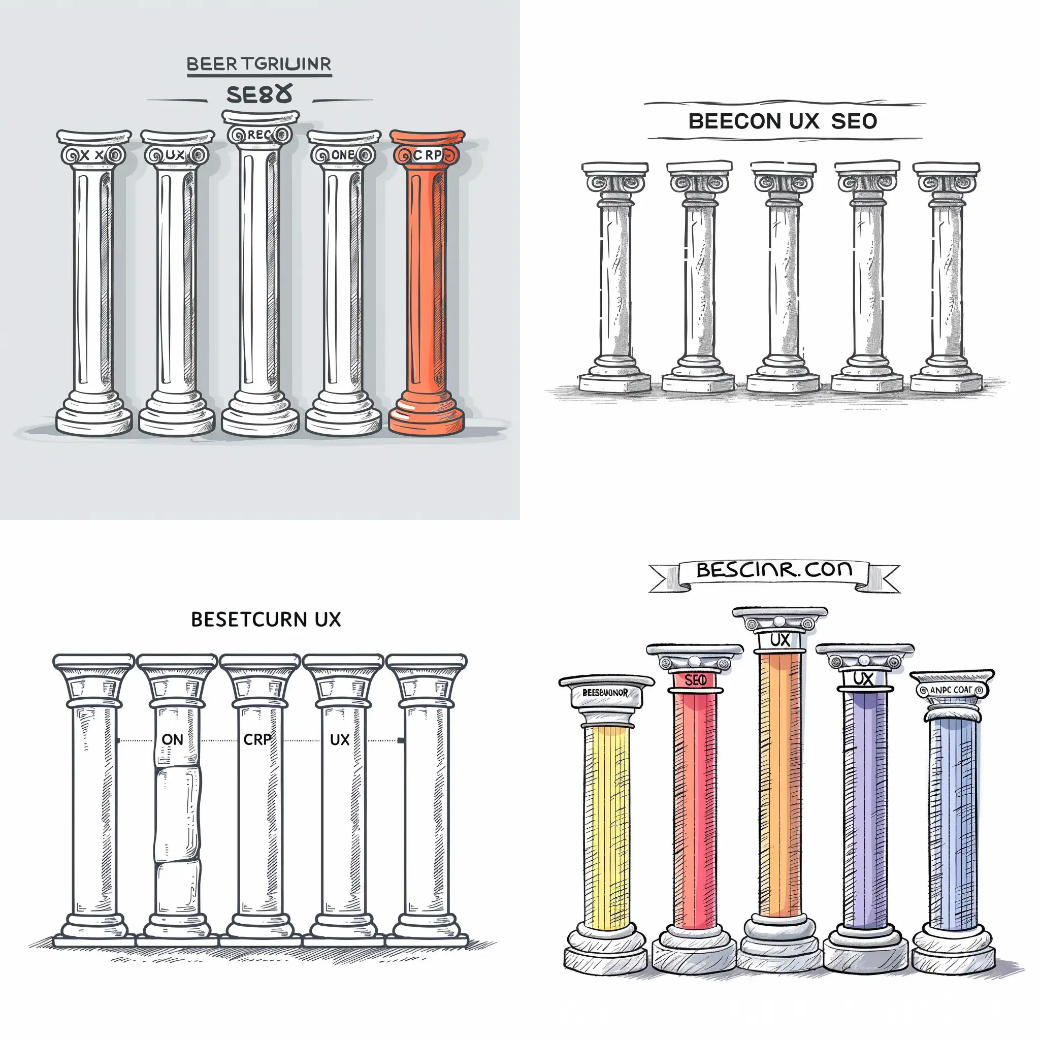 draw Five pillars in the same image all in a line. One labelled Research, one labelled Technical SEO, One labelled Behaviour UX and CRO, One Labelled On Page and Content and one labelled Authority