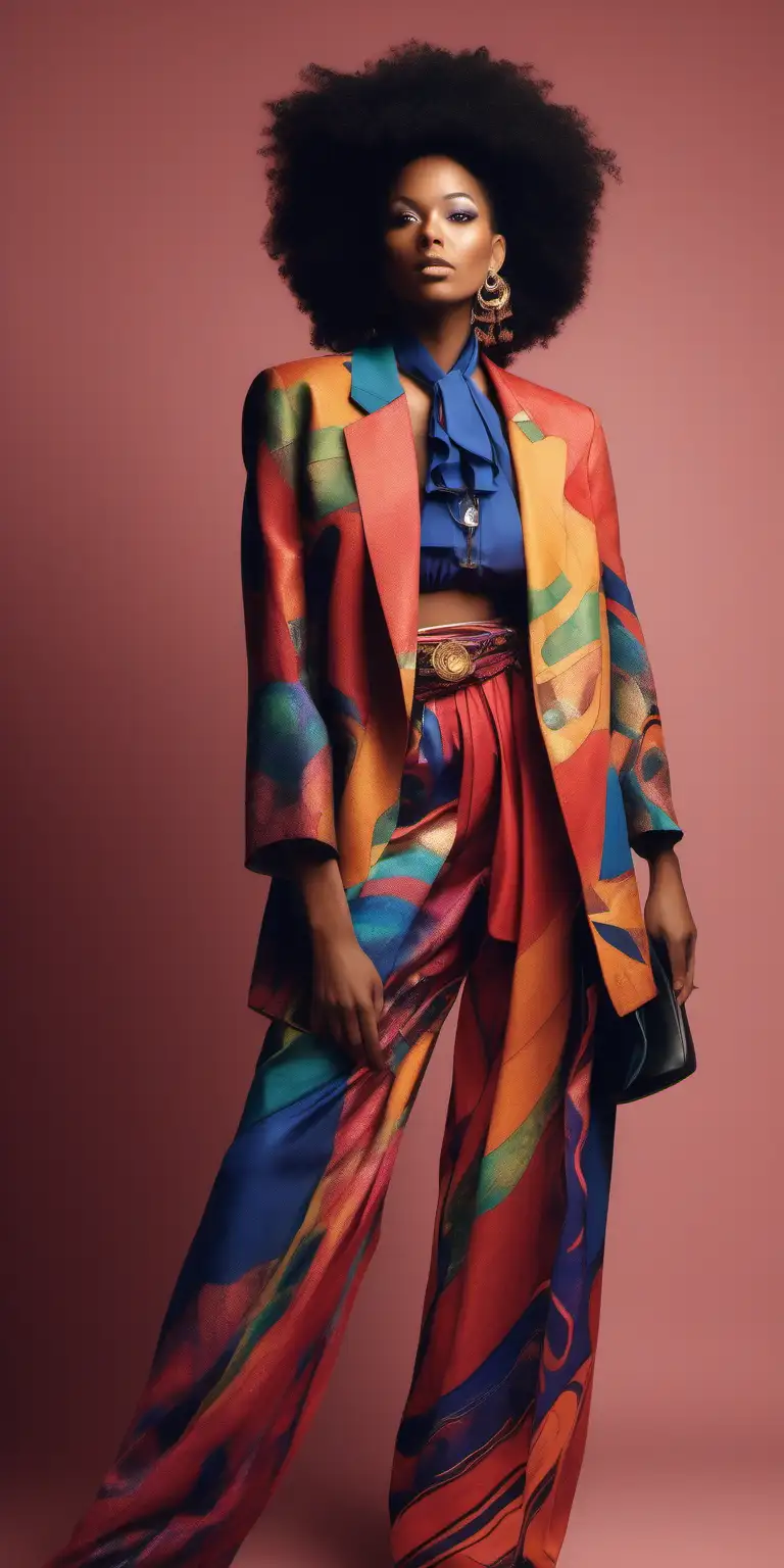 colorful abstract traditional style outfit on a woman in a photoshoot