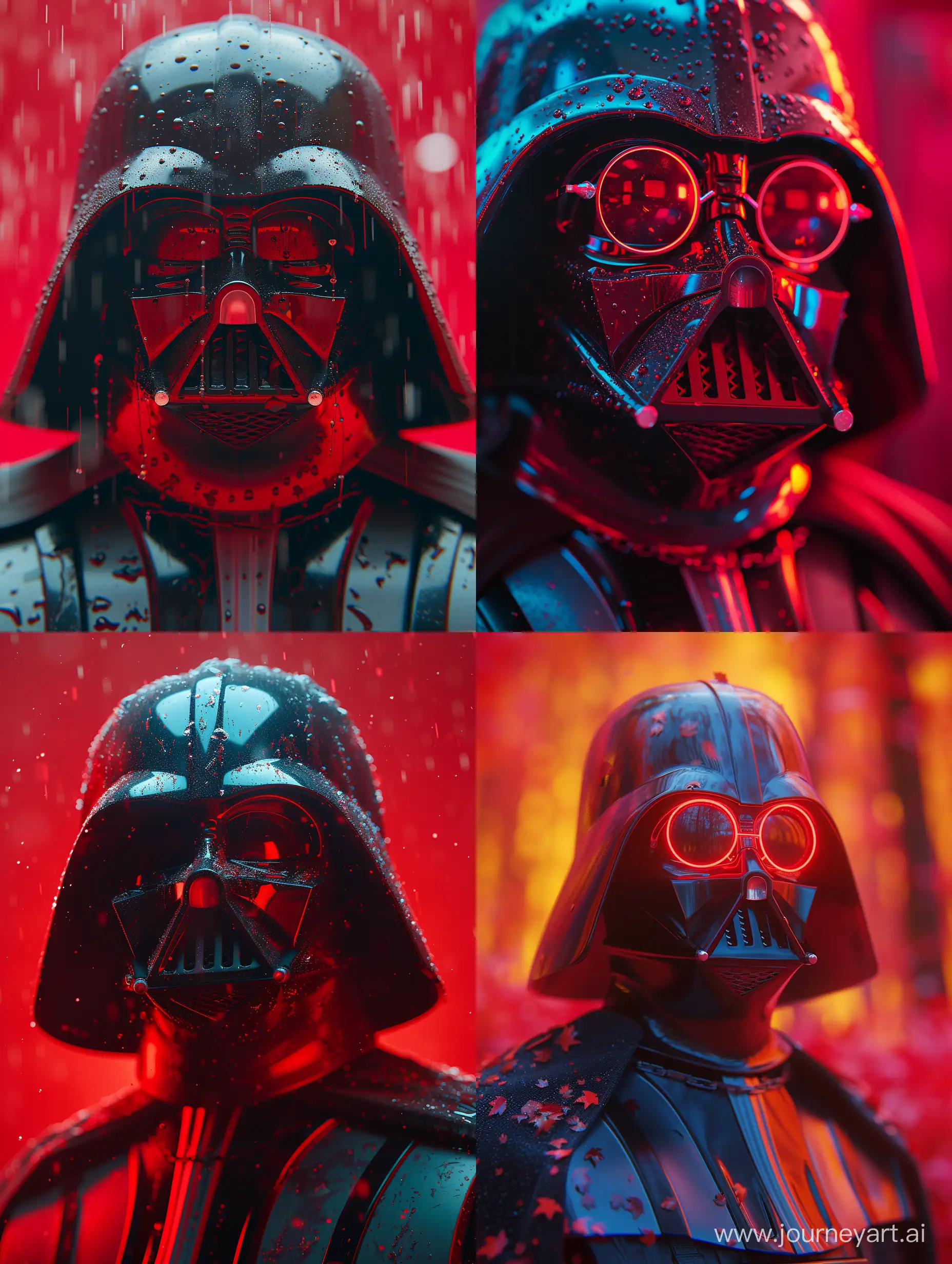Very very extreme absurde fantastic a darth vader  ,extreme closeup with fisheye ,dynamic red light neon effect camera angle dramatic ,colorful ,fashion shoot ,highly detailed --ar 3:4 --style raw --stylize 500 --v 6