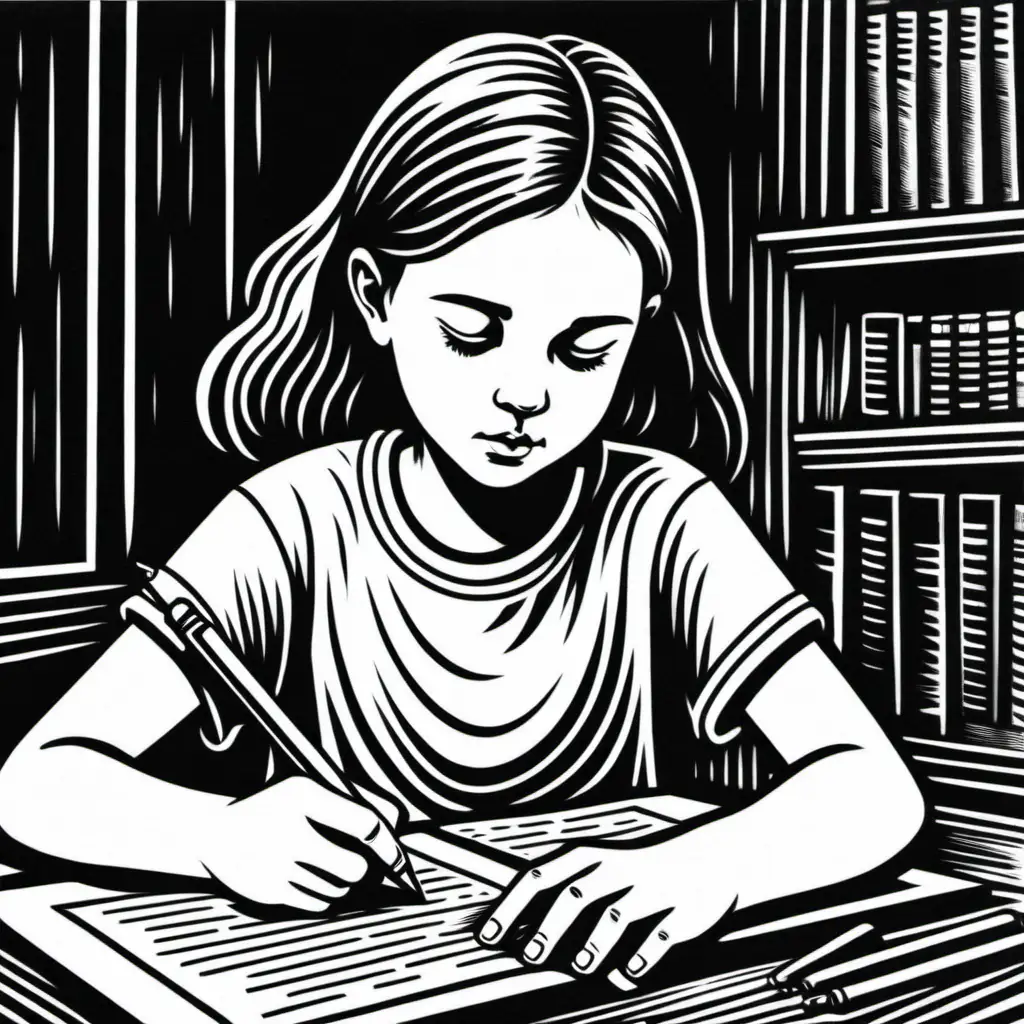 a black and white woodcut of a young girl wearing a t-shirt 
practicing writing